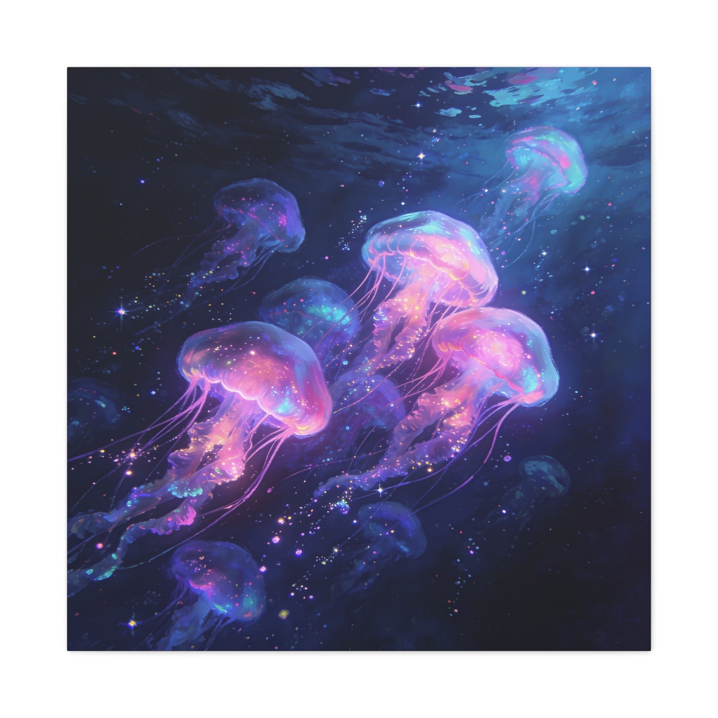 Glowing Jellyfish Canvas Wall Art - Ocean Fantasy Sea Life Decor, Luminous Pink Blue Artwork - Matte Canvas Print, Contemporary Style - Bedroom Wall Decor, Meditation Space Accent - Ready to Hang