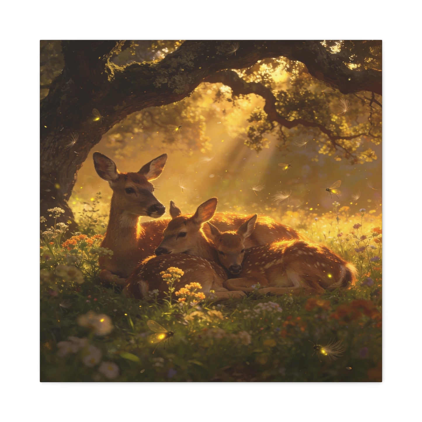 Doe And Fawns Canvas Wall Art - Woodland Deer Family In Golden Light, Whimsical Nature Scene - Matte Finish Cotton Print - Rustic Traditional Style - Bedroom Wall Decor - Bedroom Home Decoration