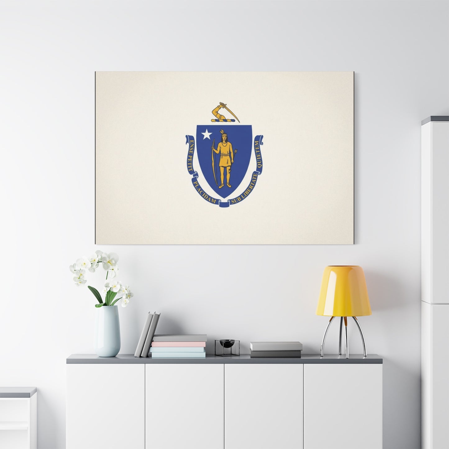 Massachusetts State Flag Canvas Wall Art - Ense Petit Placidam Sub Libertate Quietem - Blue Shield Native American Crest - Minimalist Patriotic Decor - Living Room Wall Decor - Bedroom Home Decoration