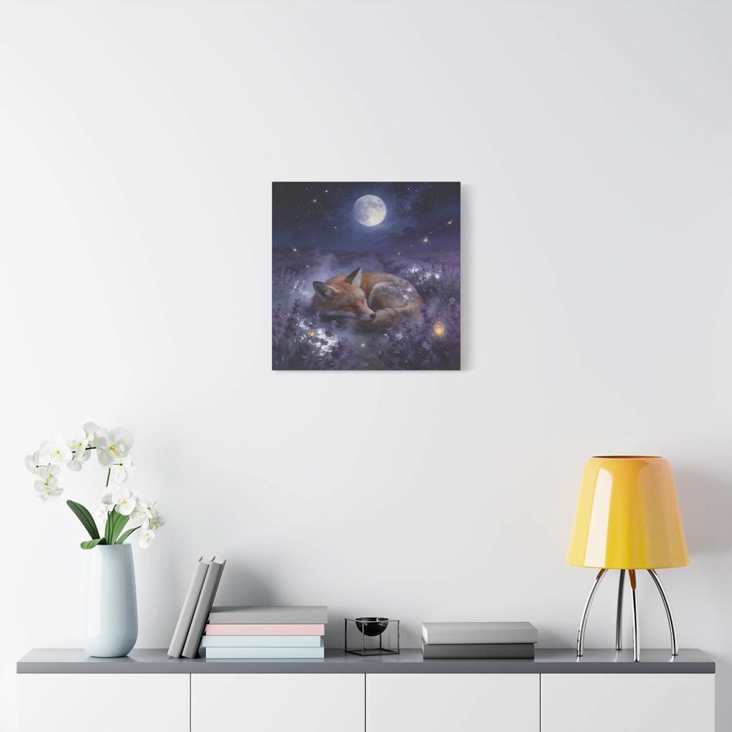 Sleeping Red Fox Canvas Wall Art - Moonlit Lavender Field, Fireflies, Starry Night Sky - Dreamy Woodland Animal Print - Matte Finish Canvas - Bedroom Wall Decor, Nursery Accent - Cozy Reading Nook Art