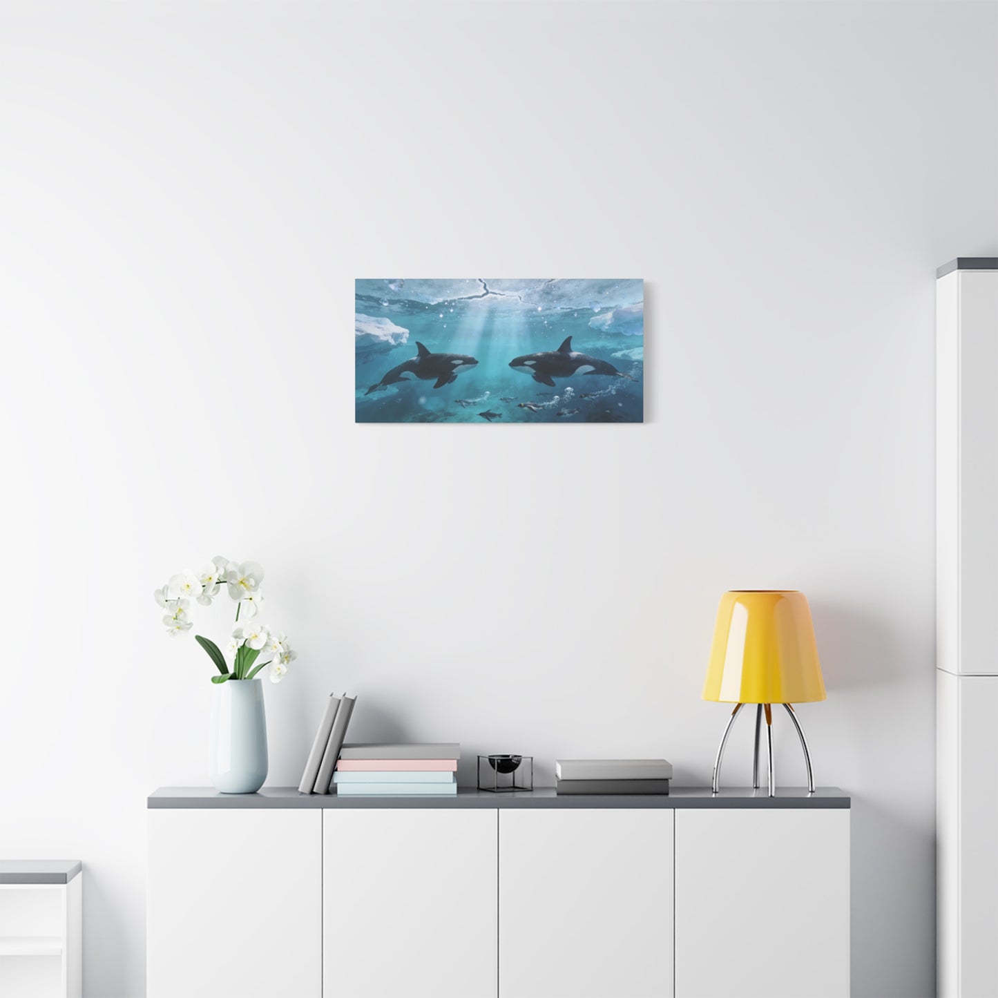 Orca Whale Canvas Wall Art - Arctic Ocean Underwater Scene, Penguins, Sea Ice - Coastal Wildlife Decor - Matte Canvas Print - Living Room Wall Decor, Bedroom Home Decoration - Bedroom Home Decoration