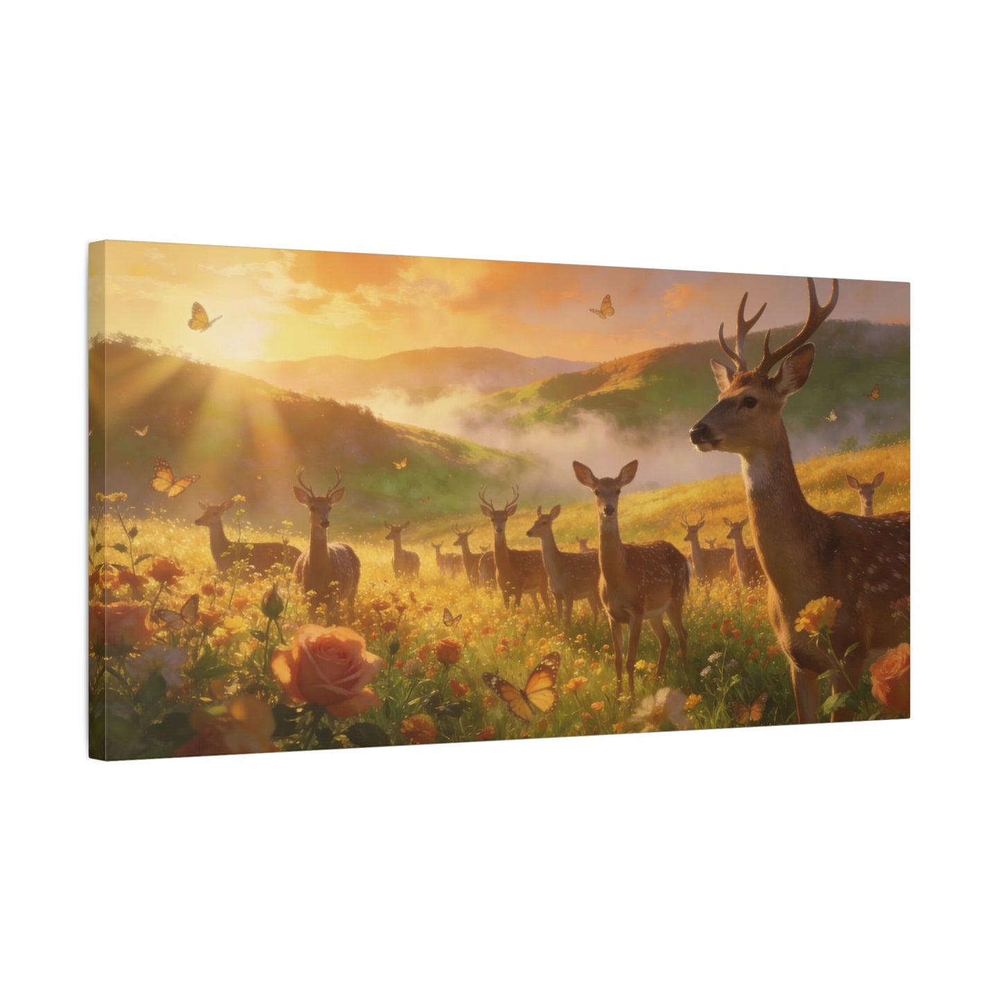 Deer Meadow Canvas Wall Art - Golden Sunrise Wildlife Landscape, Butterflies, Floral Field - Matte Finish Canvas Print - Rustic Nature Style, Living Room Wall Decor - Bedroom Home Decoration