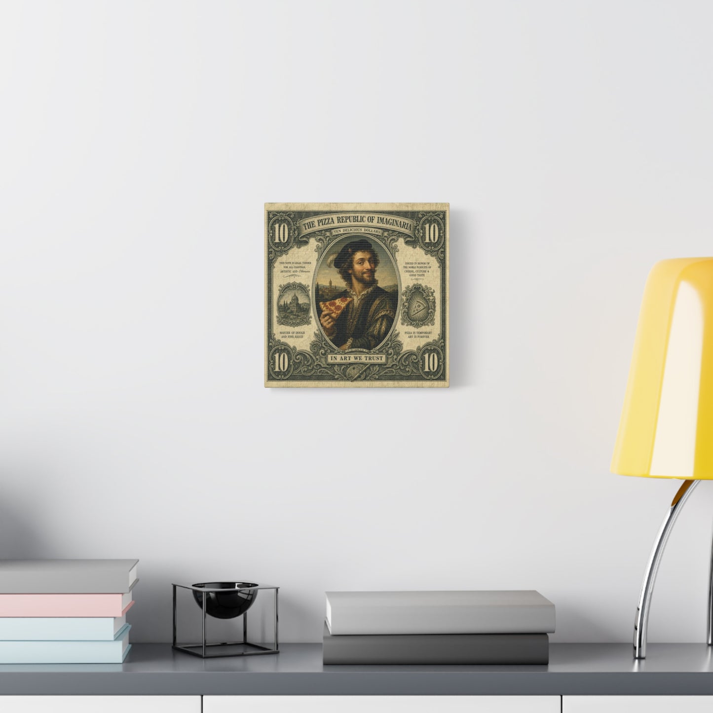 "The Pizza Republic Of Imaginaria" Canvas Wall Art - Vintage Typography Portrait Print, Renaissance Pizza Note Design, Eclectic Office Wall Decor, Cafe Wall Art, Humor Canvas - Reception Area Decor