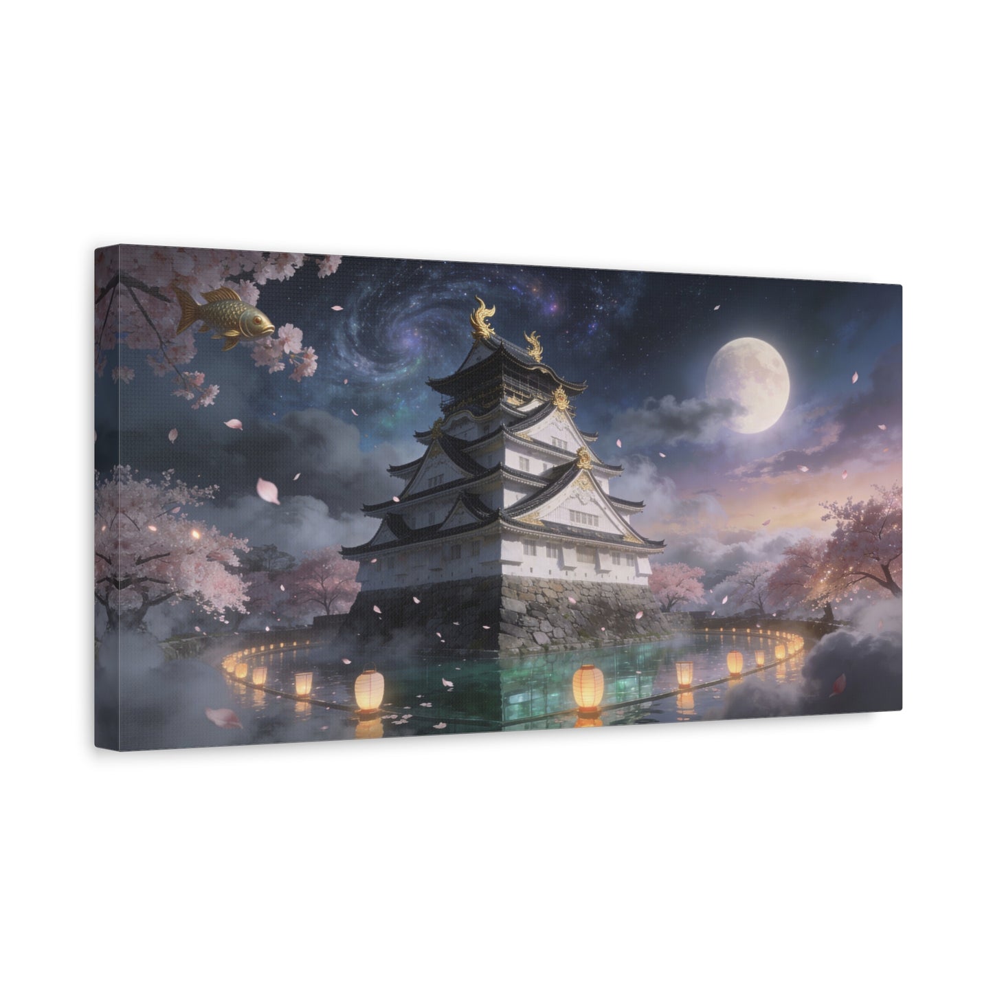 Japanese Castle Canvas Wall Art - Moonlit Cherry Blossom Pagoda, Floating Koi, Fantasy Night Sky - Matte Cotton Art Print - Contemporary Landscape Style For Living Room Wall Decor - Ready to Hang