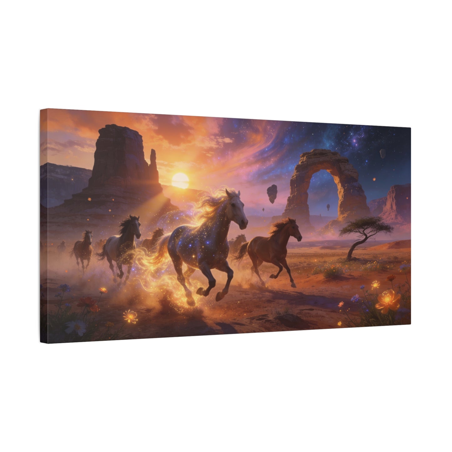 Celestial Wild Horses Canvas Wall Art - Fantasy Desert Arch Sunset, Glowing Galaxy Sky - Matte Cotton Print - Contemporary Landscape Style - Living Room Wall Decor - Bedroom Home Decoration