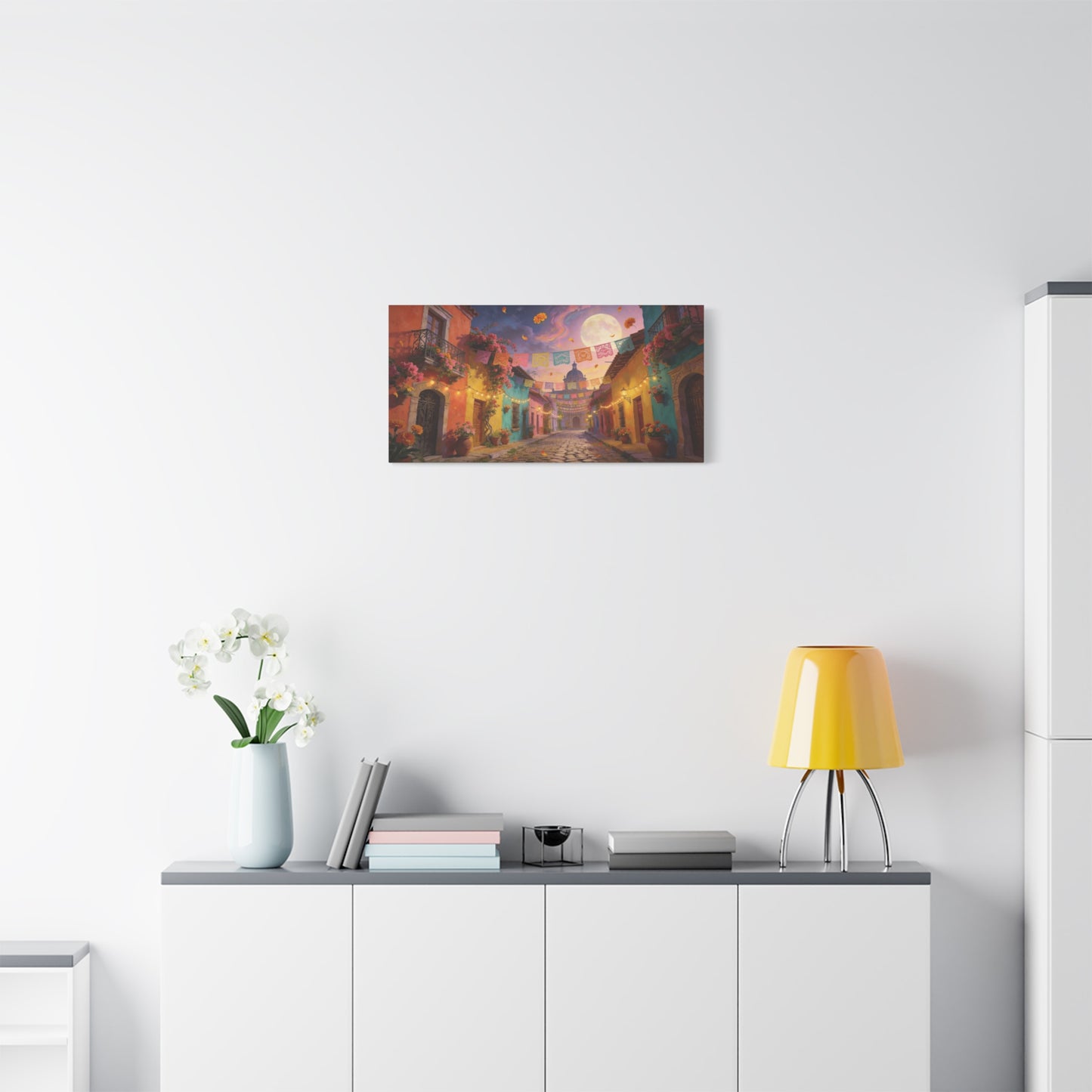 Moonlit Colorful Colonial Street Canvas Wall Art - Papel Picado, Marigolds, Full Moon - Dreamy Matte Canvas Print - Living Room Wall Decor, Bedroom Home Decoration - Bedroom Home Decoration