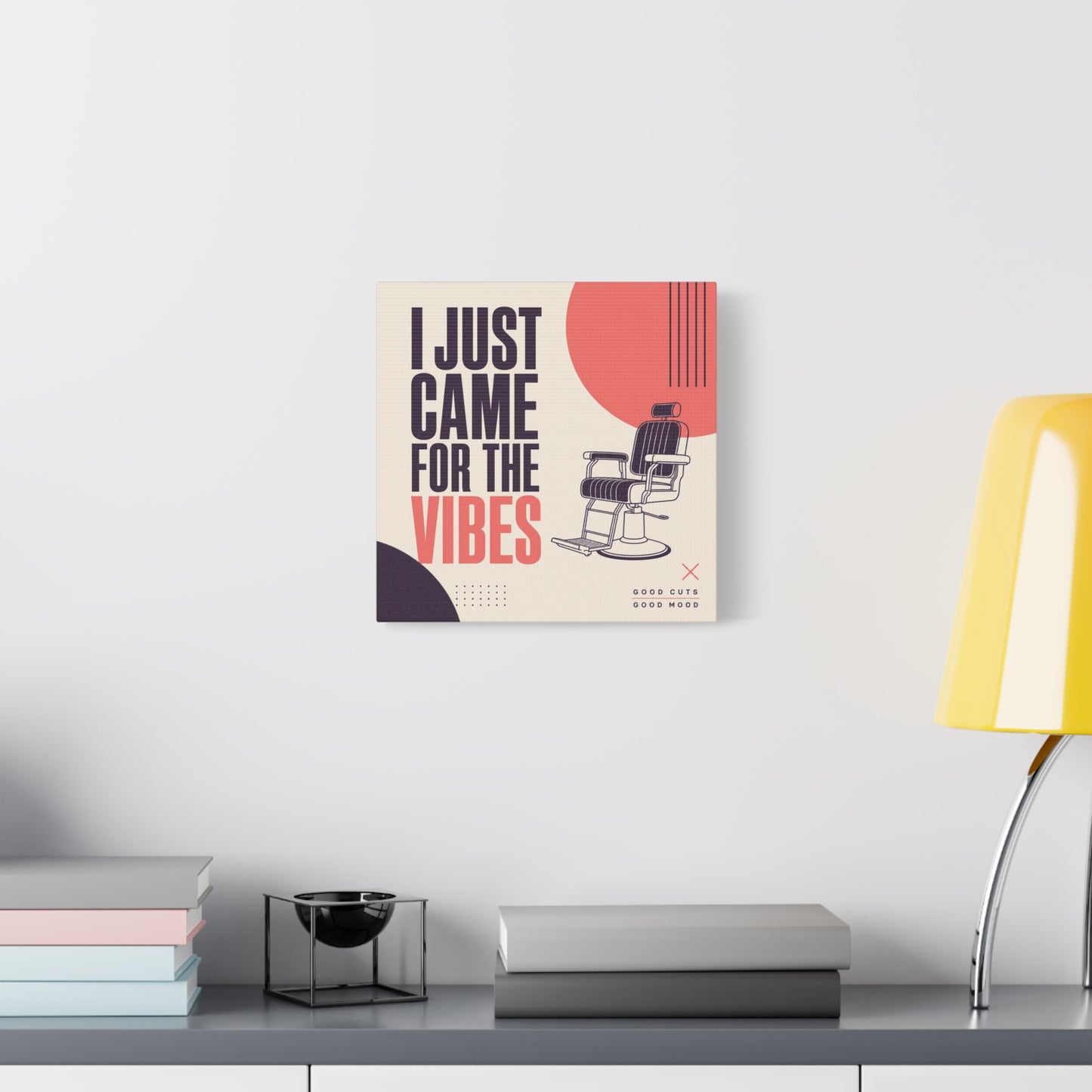 "I Just Came For The Vibes" Typography Canvas Wall Art - Barber Chair Line Illustration, Coral And Black Modern Salon Wall Decor - Minimalist Quote Print For Barbershop Lobby Workspace - Ready to Hang