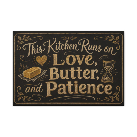 "This Kitchen Runs On Love, Butter, And Patience" Canvas Wall Art - Rustic Typography Kitchen Decor - Chalkboard Style Cotton Print - Ready to Hang