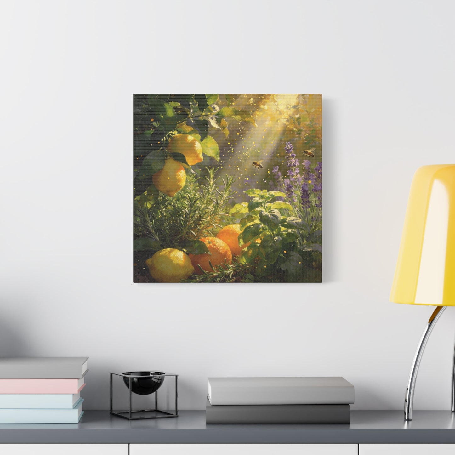 Lemon Herb Garden Canvas Wall Art - Bees, Lavender, Rosemary, Sunlit Botanical Painting - Matte Cotton Print, Rustic Farmhouse Style - Kitchen Wall Decor, Dining Room Accent - Bedroom Home Decoration
