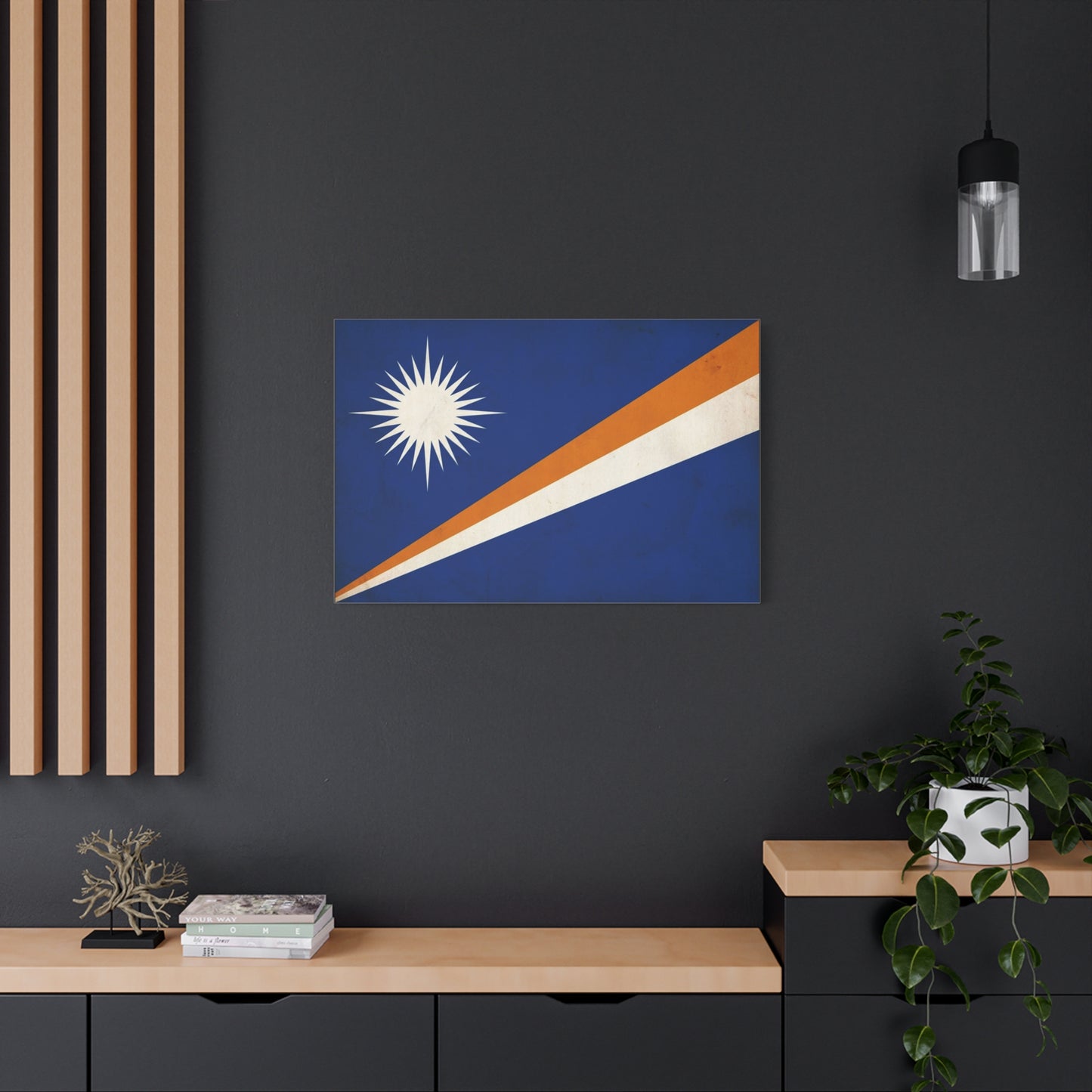 Marshall Islands Flag Canvas Wall Art - Blue Field, White Starburst, Orange Stripe - Vintage Patriotic Print - Coastal Island Decor For Living Room, Office Wall Display Accent - Modern Farmhouse Style