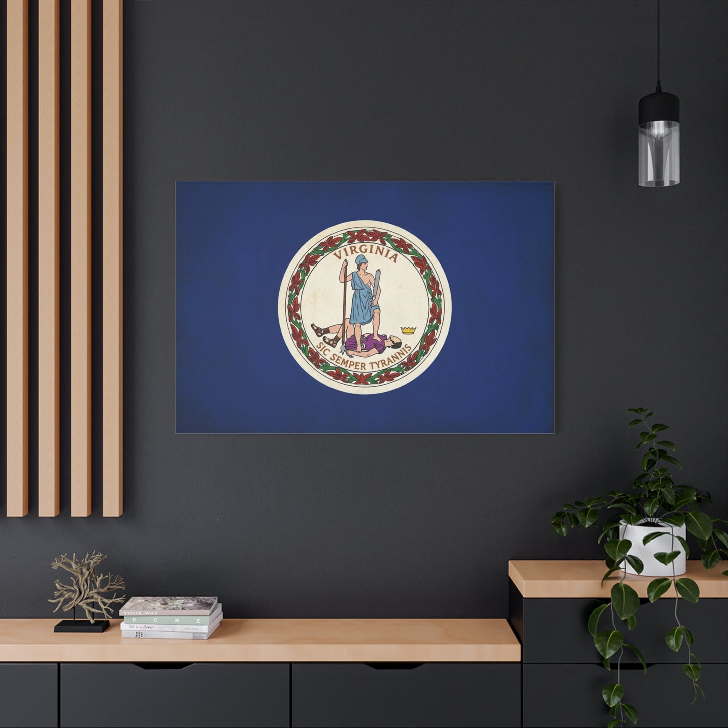 "Virginia" "Sic Semper Tyrannis" State Flag Canvas Wall Art - Vintage Commonwealth Seal Print, Blue Banner Decor, Patriotic Heritage Style, Living Room Wall Decor, Office Accent - Ready to Hang