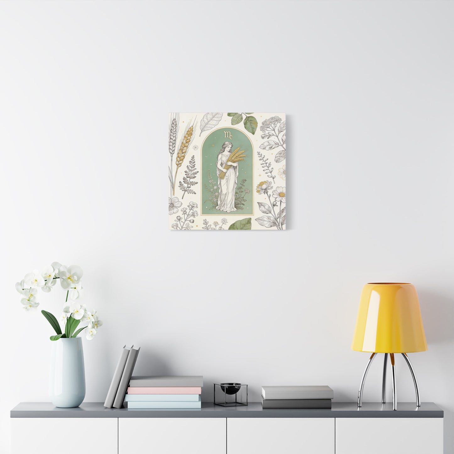Virgo Zodiac Canvas Wall Art - Botanical Maiden Holding Wheat, Celestial Illustration - Sage Green Gold Cotton Print - Vintage Astrology Decor, Bedroom Wall Hanging Accent - Bedroom Home Decoration