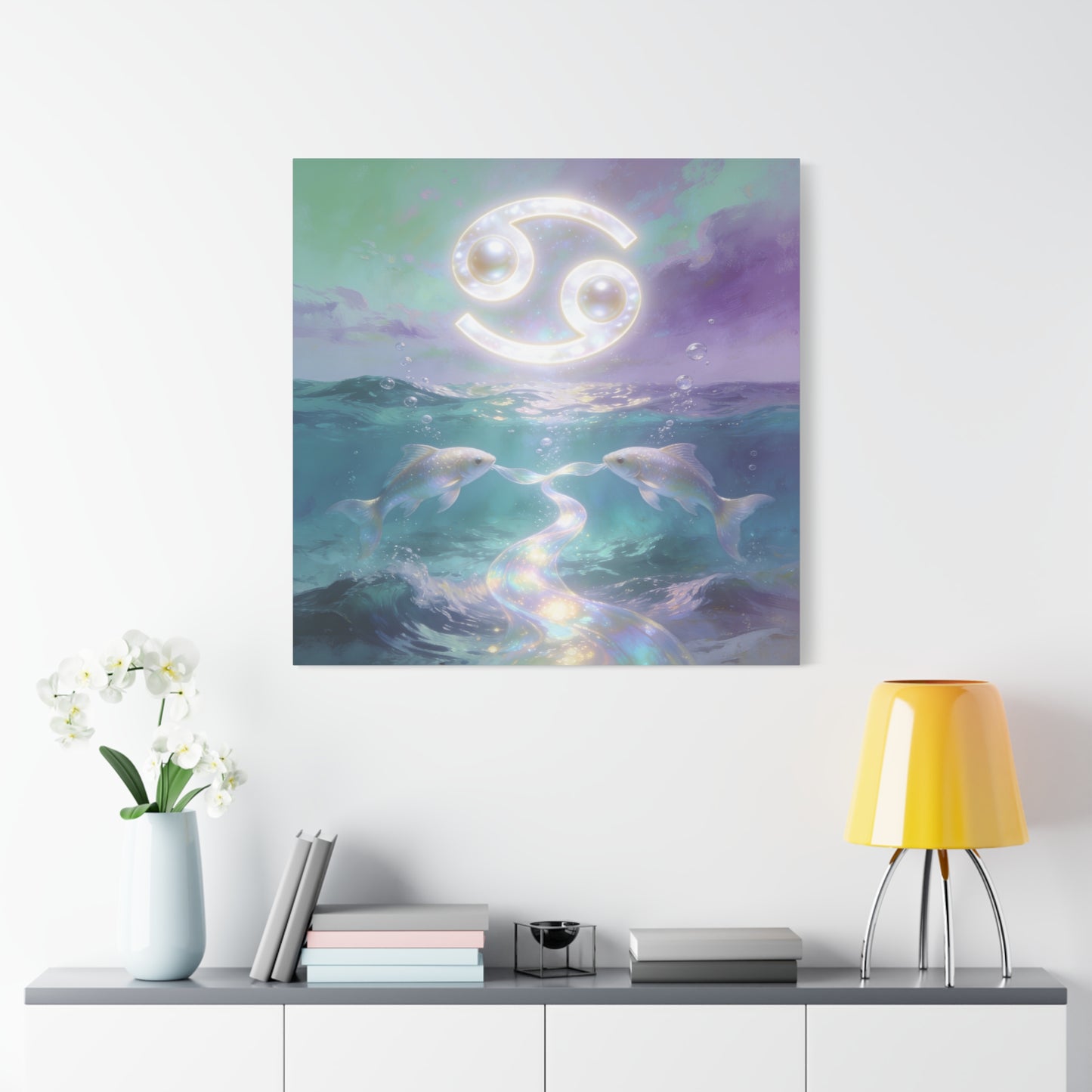 Cancer Zodiac Canvas Wall Art - Two Pearl Fish Ocean Illustration, Celestial Astrology Decor - Iridescent Matte Canvas Print - Mystical Coastal Style For Bedroom Living Room - Living Room Wall Decor
