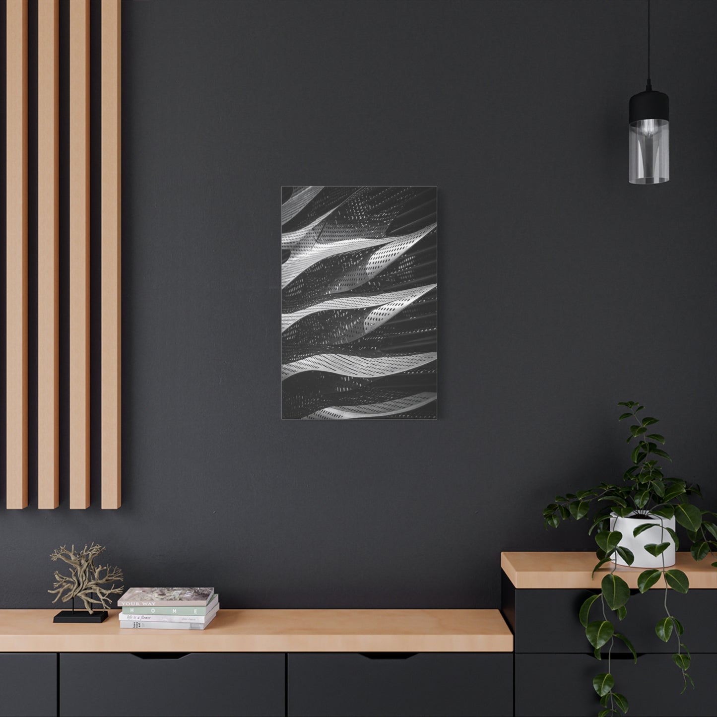 Abstract Black White Metal Wave Canvas Wall Art - Geometric Architectural Art Print - Modern Minimalist Decor - Living Room Wall Decor, Office Art, Contemporary Interior Design - Ready to Hang