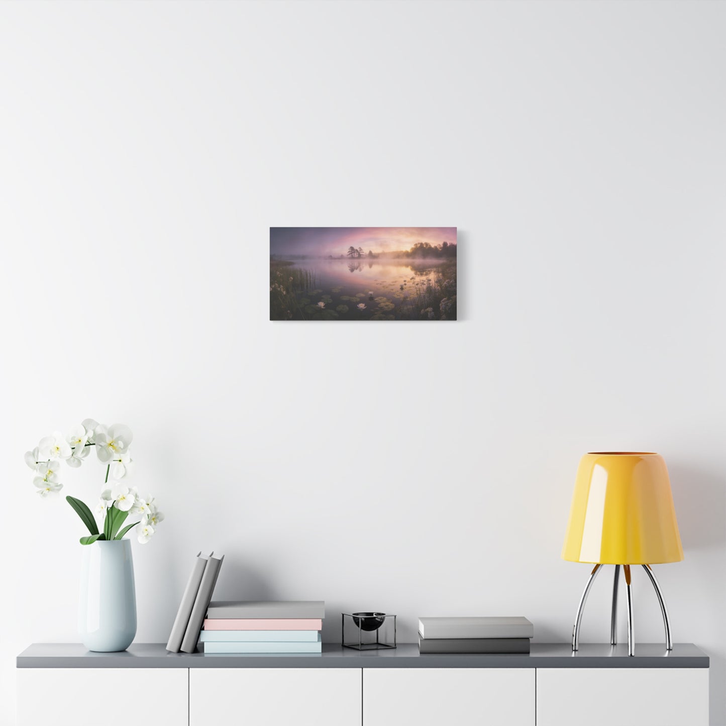 Misty Lake Sunrise Canvas Wall Art - Water Lily Pond Landscape Art Print, Soft Pink And Gold Sky - Serene Nature Decor - Matte Finish Canvas Print - Living Room Wall Decor Bedroom Home Decoration