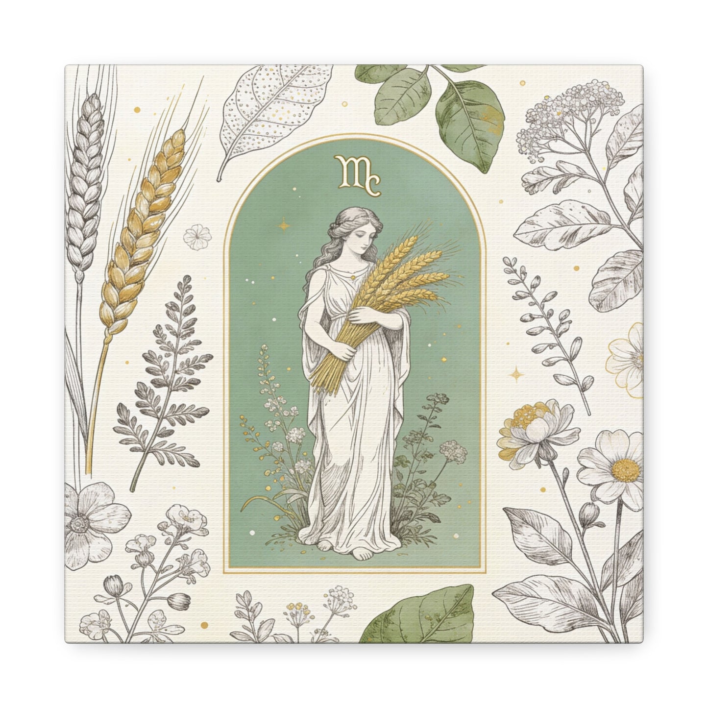 Virgo Zodiac Canvas Wall Art - Botanical Maiden Holding Wheat, Celestial Illustration - Sage Green Gold Cotton Print - Vintage Astrology Decor, Bedroom Wall Hanging Accent - Bedroom Home Decoration