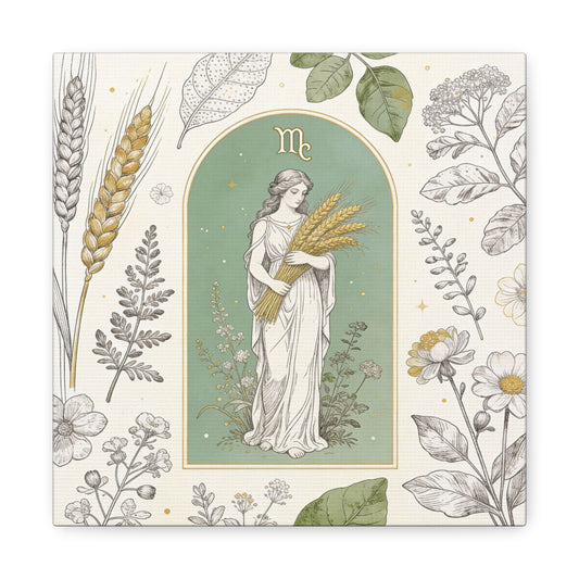 Virgo Zodiac Canvas Wall Art - Botanical Maiden Holding Wheat, Celestial Illustration - Sage Green Gold Cotton Print - Vintage Astrology Decor, Bedroom Wall Hanging Accent - Bedroom Home Decoration