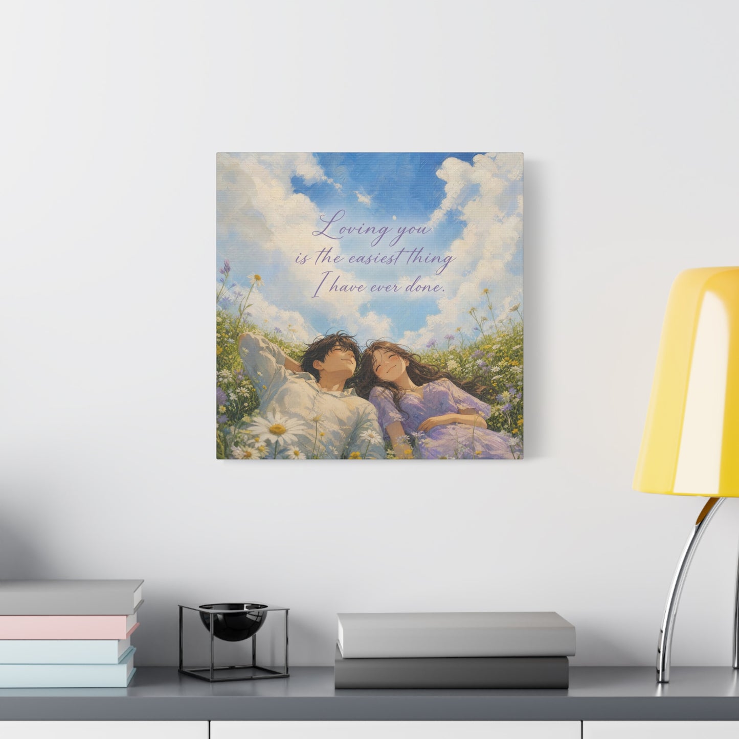 "Loving You Is The Easiest Thing I Have Ever Done." Canvas Wall Art - Romantic Couple In Wildflower Meadow Sky Quote Print - Dreamy Pastel Illustration - Ready to Hang - Living Room Wall Decor
