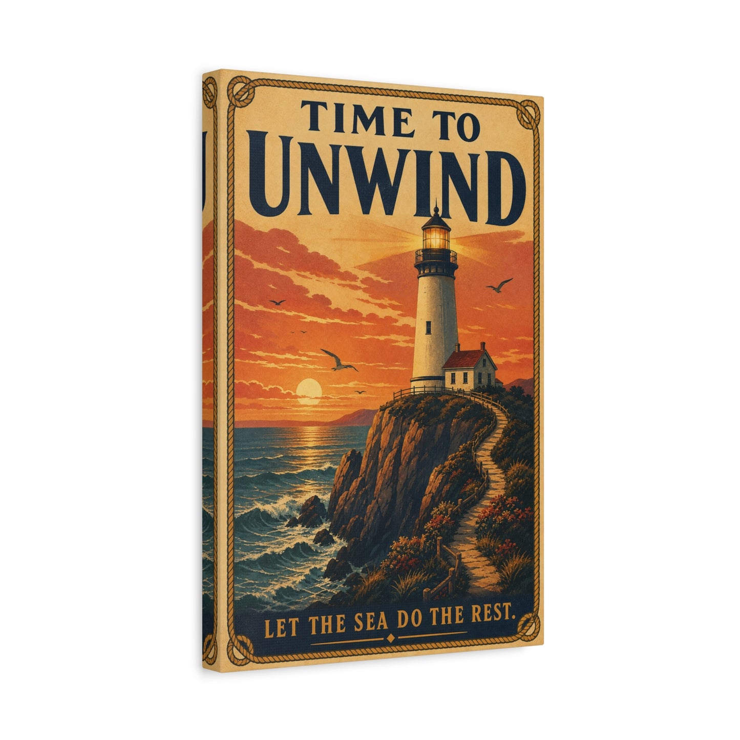 "Time To Unwind Let The Sea Do The Rest" Lighthouse Canvas Wall Art - Vintage Coastal Sunset Seascape Print, Nautical Home Decor, Bedroom Living Room Decoration, Beach House Style - Office Wall Art