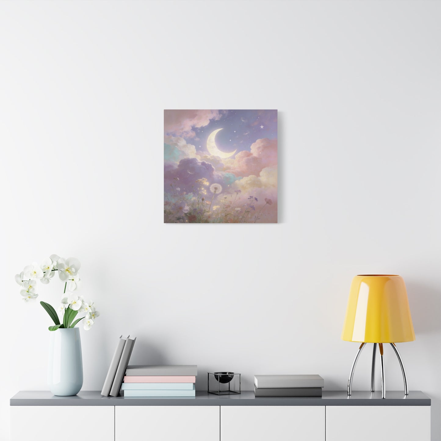 Crescent Moon Canvas Art Print - Dreamy Pastel Clouds, Dandelion Sky, Celestial Floral Scene - Cotton Matte Artwork - Lavender Nursery Accent, Bedroom Decoration, Meditation Space Decor