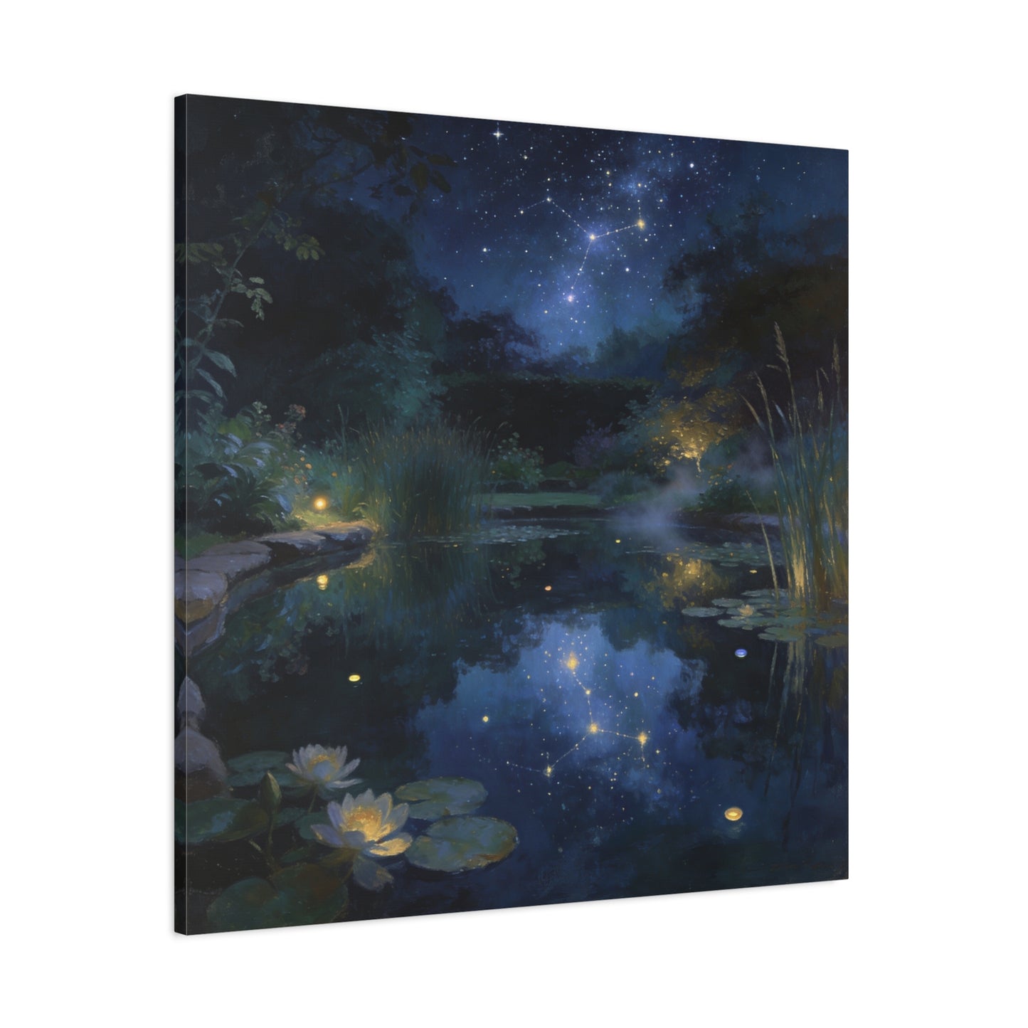Starry Night Pond Canvas Wall Art - Moonlit Water Lilies, Celestial Reflection Landscape - Dreamy Matte Canvas Print - Traditional Nightscape Style - Living Room Wall Decor Bedroom Home Accent