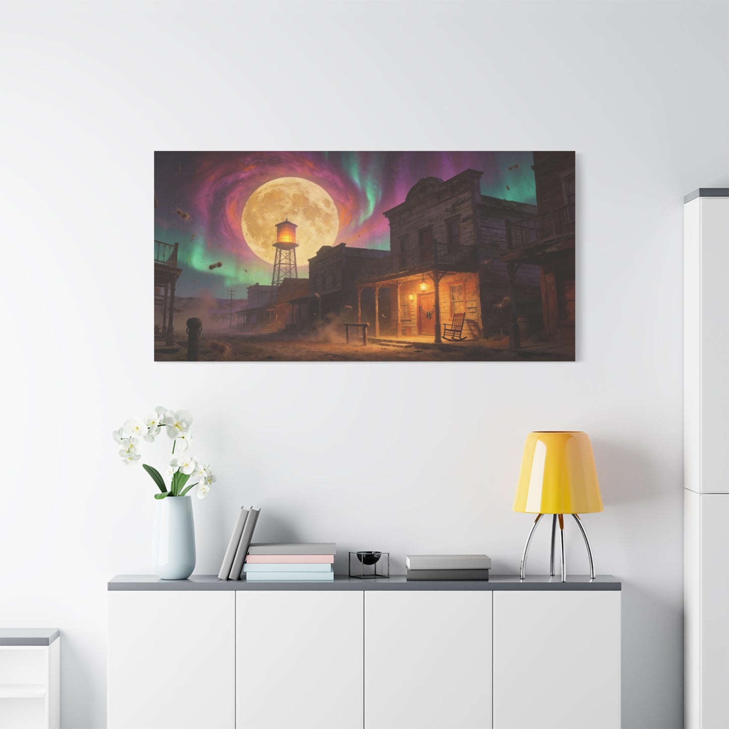 Moonlit Western Town Canvas Wall Art - Surreal Desert Street, Water Tower, Aurora Sky - Matte Cotton Art Print - Vintage Frontier Style, Living Room Wall Decor Office Accent - Bedroom Home Decoration