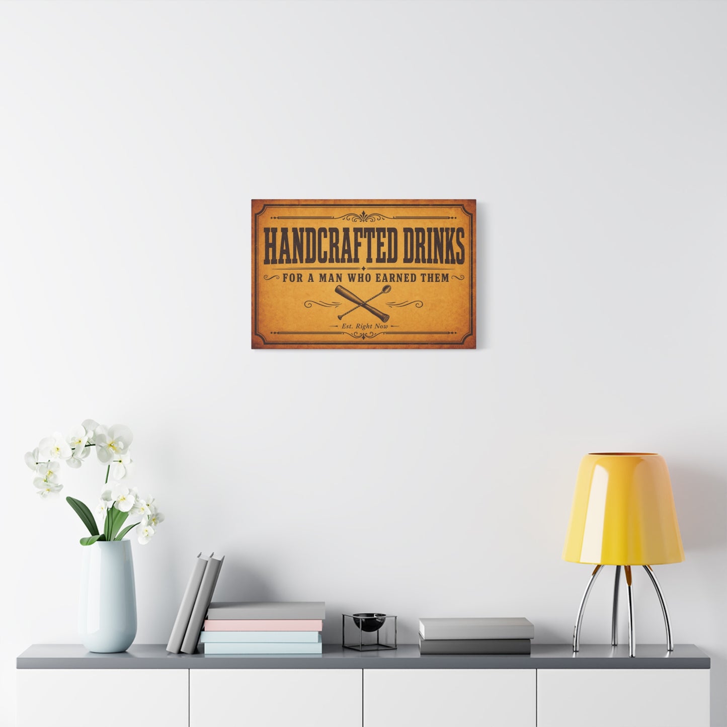 "Handcrafted Drinks For A Man Who Earned Them" Canvas Wall Art - Vintage Bar Sign, Rustic Typography Decor, Whiskey Lounge Wall Hanging - Ready to Hang - Ready to Hang - Cocktail Lounge Decor