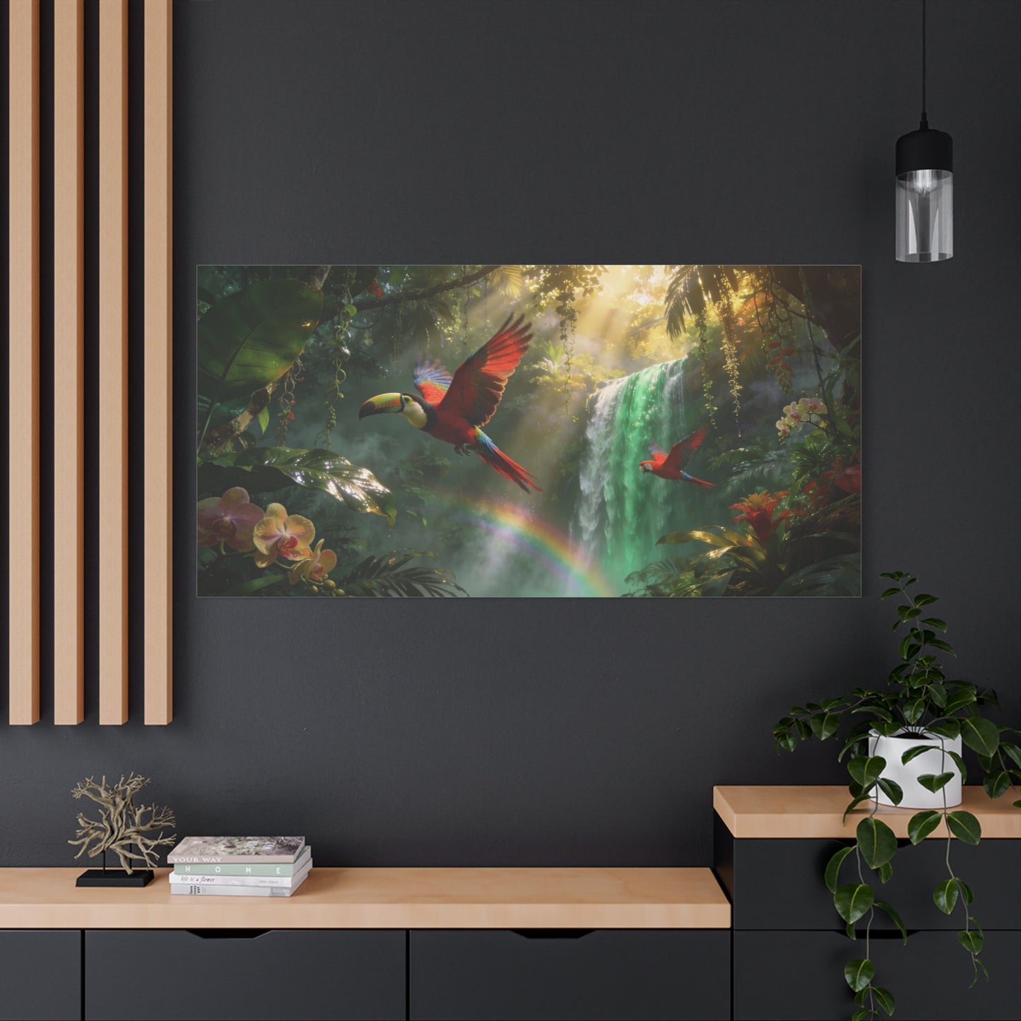 Scarlet Macaw Canvas Wall Art - Tropical Rainforest Waterfall Birds, Lush Jungle Scene, Matte Finish Canvas Print, Contemporary Nature Wall Decor For Living Room Bedroom Office - Cozy Reading Nook Art