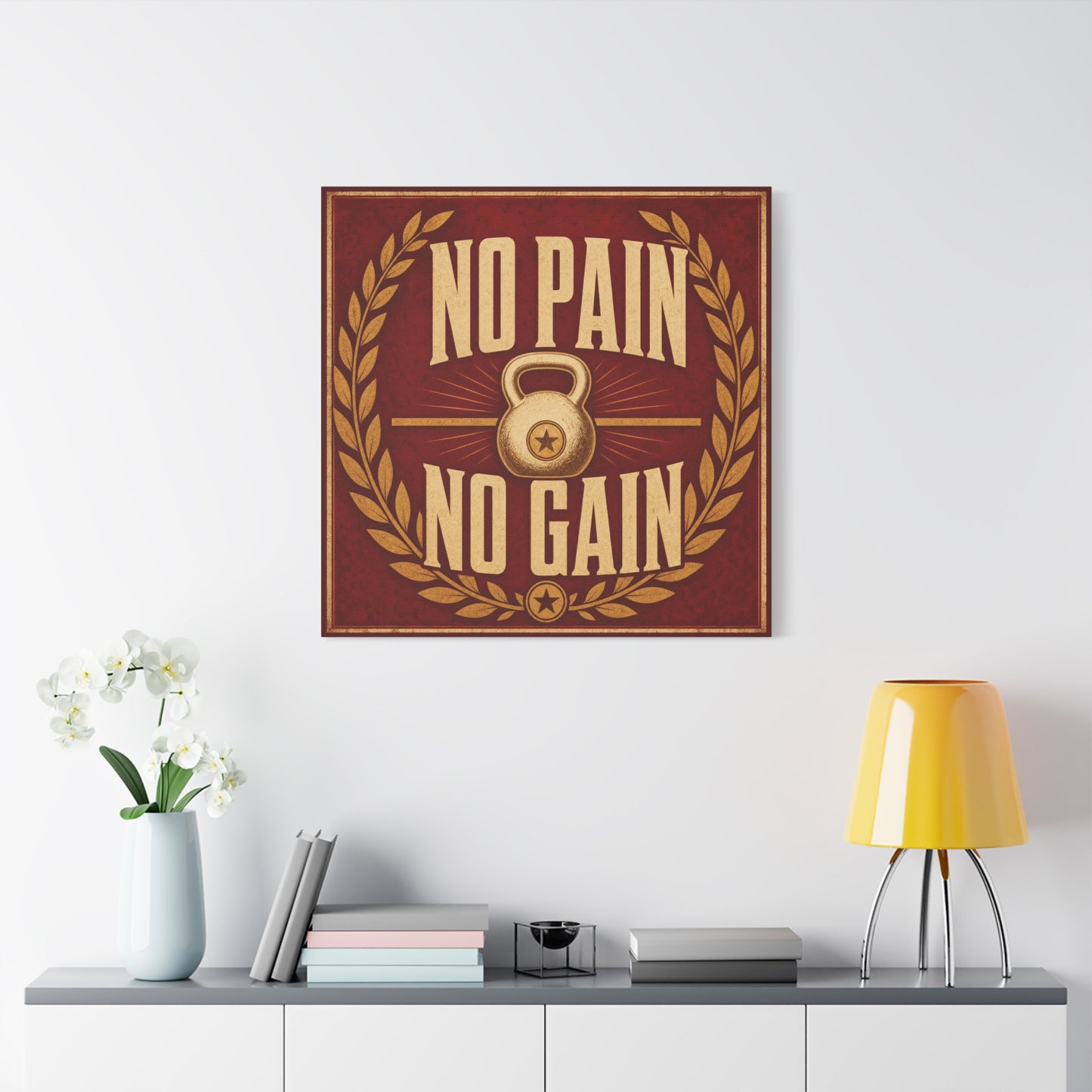 "No Pain No Gain" Kettlebell Canvas Wall Art - Vintage Gym Quote Decor, Rustic Typography Print, Motivational Fitness Poster Style - Room Decoration - Ready to Hang - Gym Wall Decor - HP Latex Print