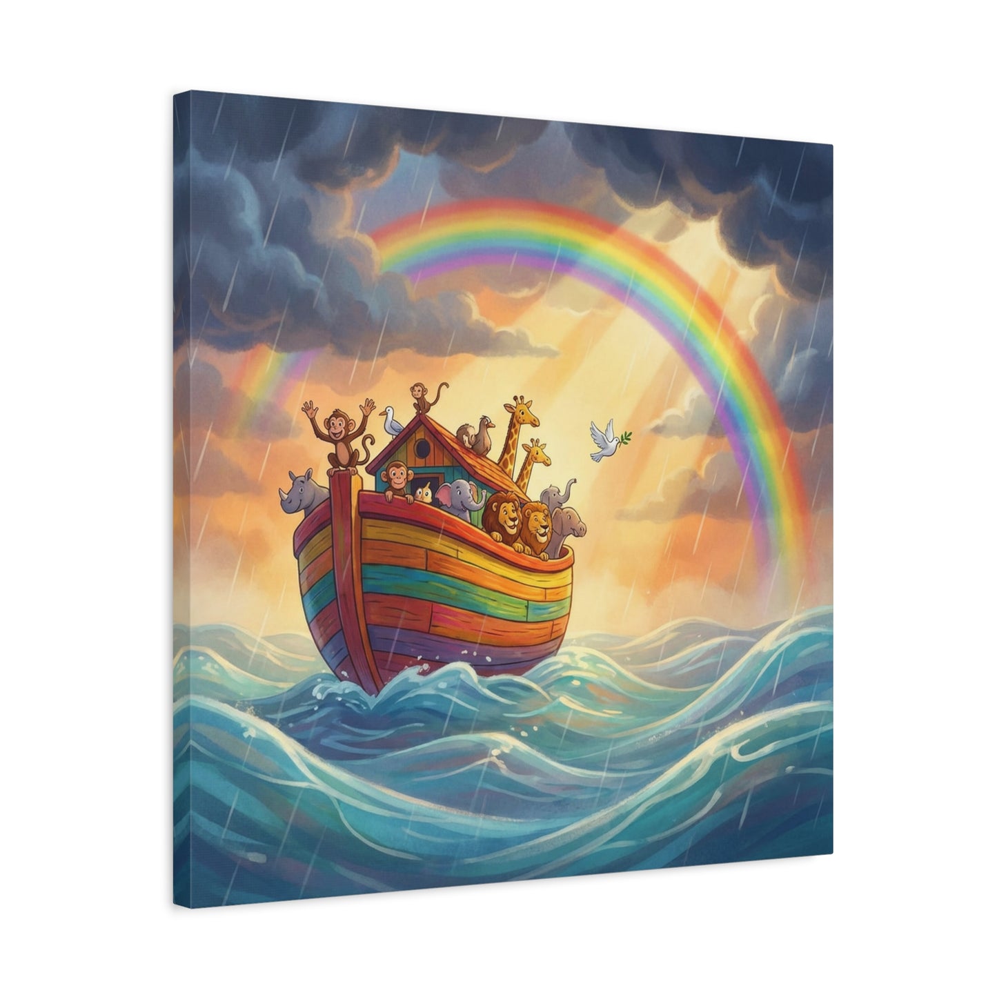 Noahs Ark Canvas Wall Art - Rainbow Animal Boat Nursery Decor - Cotton Canvas Print, Kids Bedroom Home Decoration, Playroom Wall Hanging, Biblical Story Illustration, Classroom Accent - Ready to Hang