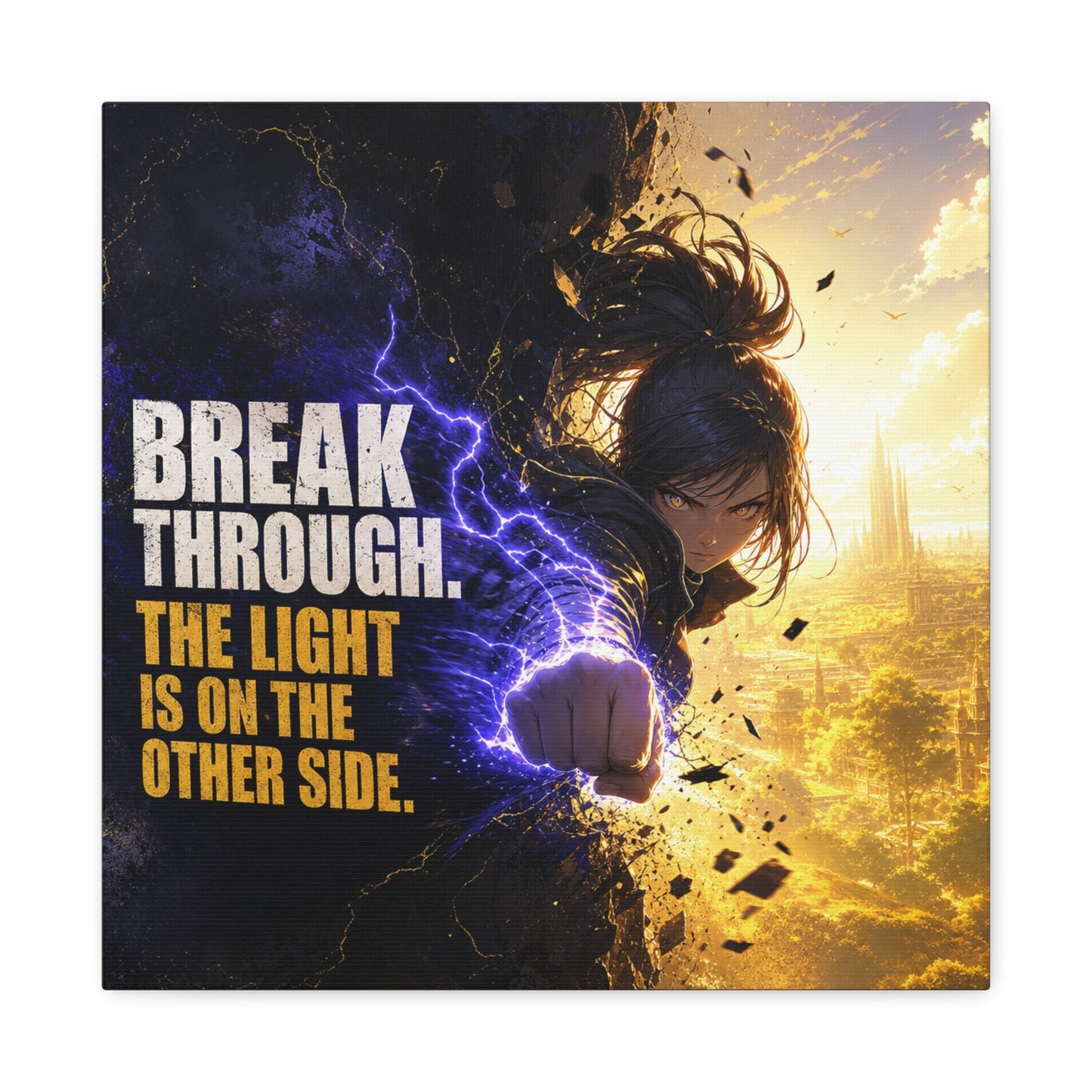 "Break Through. The Light Is On The Other Side." Anime Canvas Wall Art - Motivational Fantasy Girl Poster Print, Dramatic Gold Lightning, Contemporary Bedroom Decor, Teen Room Accent - Office Wall Art