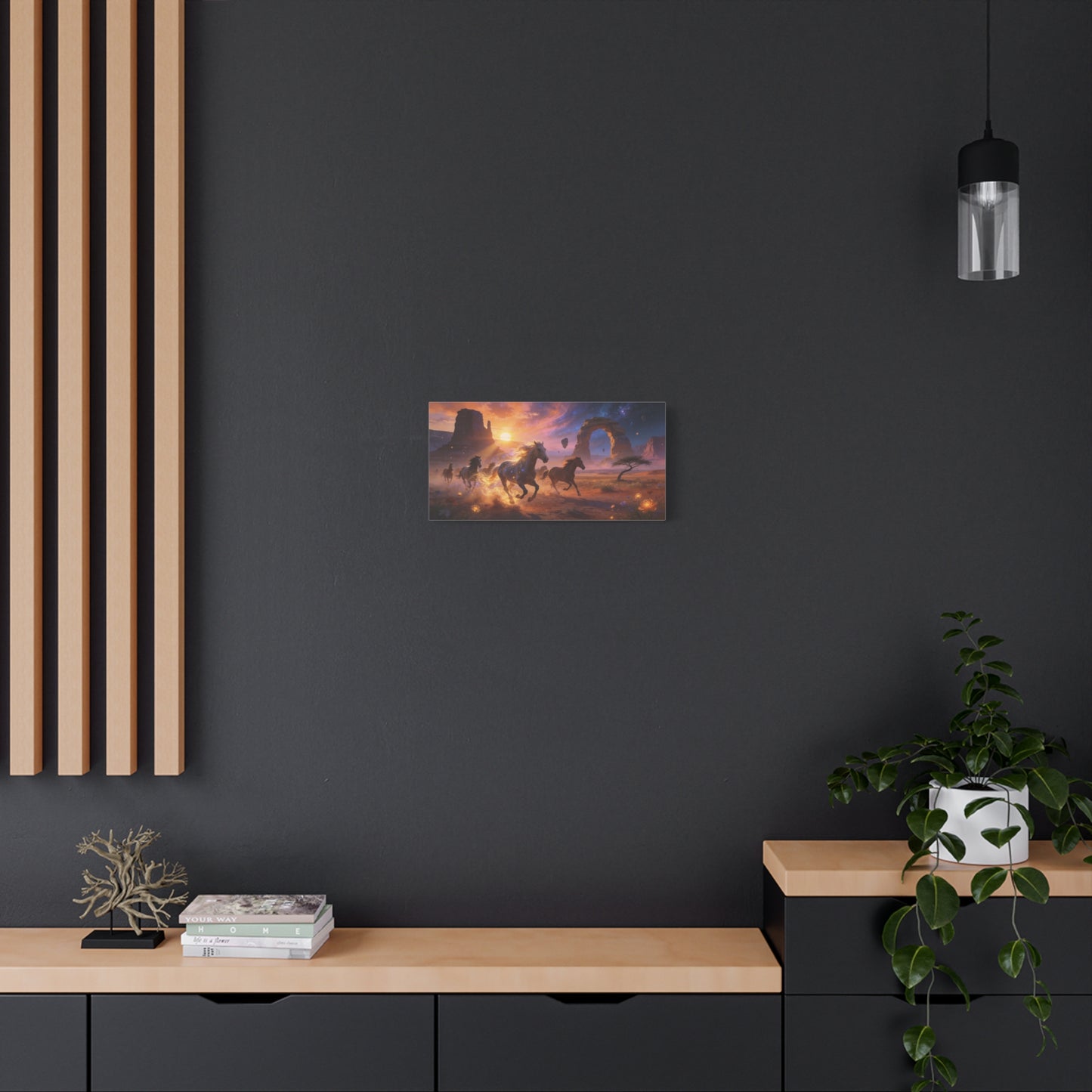 Celestial Wild Horses Canvas Wall Art - Fantasy Desert Arch Sunset, Glowing Galaxy Sky - Matte Cotton Print - Contemporary Landscape Style - Living Room Wall Decor - Bedroom Home Decoration