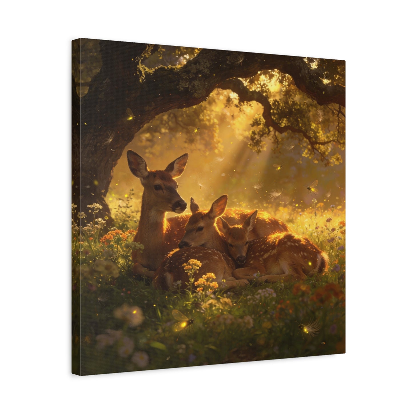 Doe And Fawns Canvas Wall Art - Woodland Deer Family In Golden Light, Whimsical Nature Scene - Matte Finish Cotton Print - Rustic Traditional Style - Bedroom Wall Decor - Bedroom Home Decoration