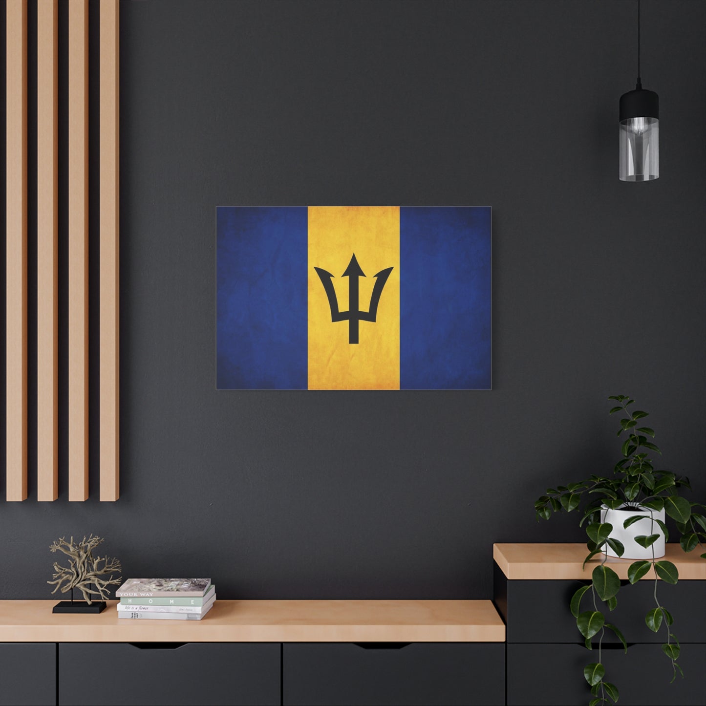 Barbados Flag Canvas Wall Art - Blue Gold Trident National Print, Caribbean Island Decor - Matte Cotton Artwork - Living Room Wall Decor, Office Accent - Bedroom Home Decoration - Ready to Hang