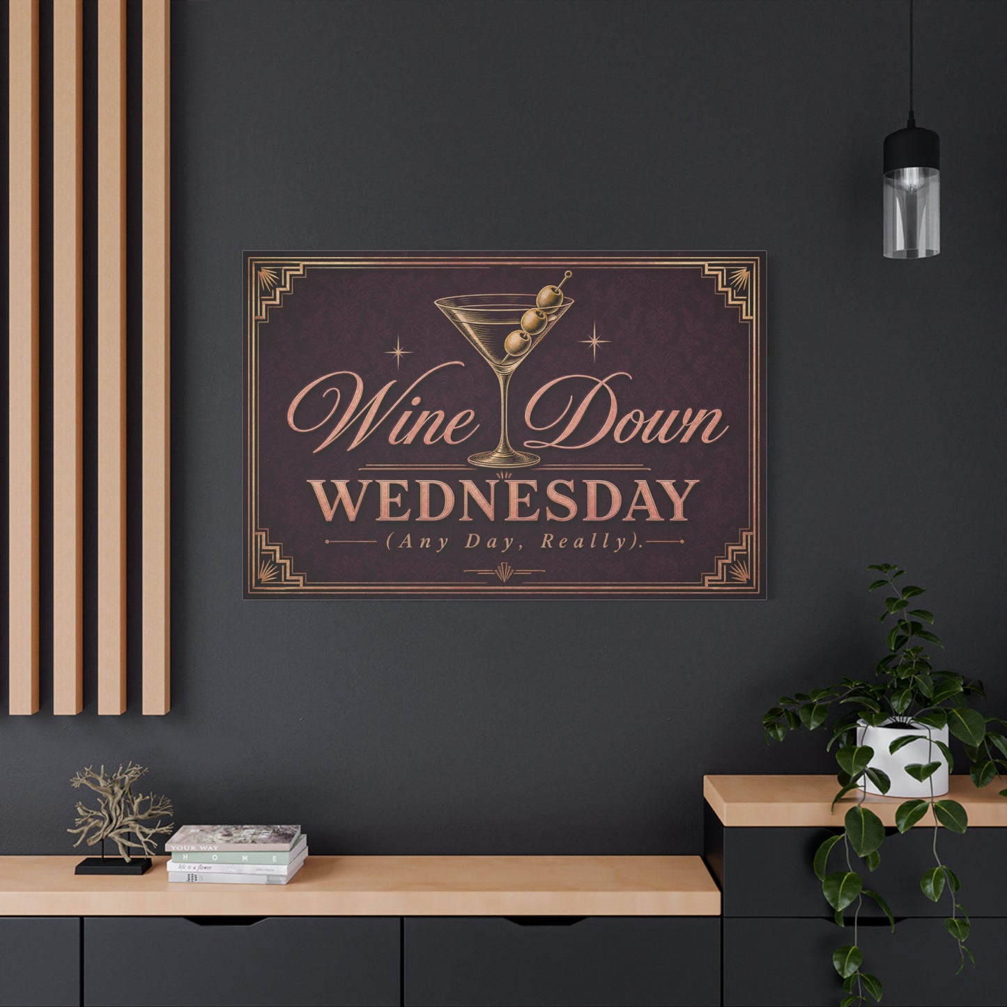 "Wine Down Wednesday (Any Day, Really)." Martini Canvas Wall Art - Vintage Cocktail Typography Decor - Art Deco Style, Matte Canvas Print - Bar Cart Wall Decor - Ready to Hang - Ready to Hang