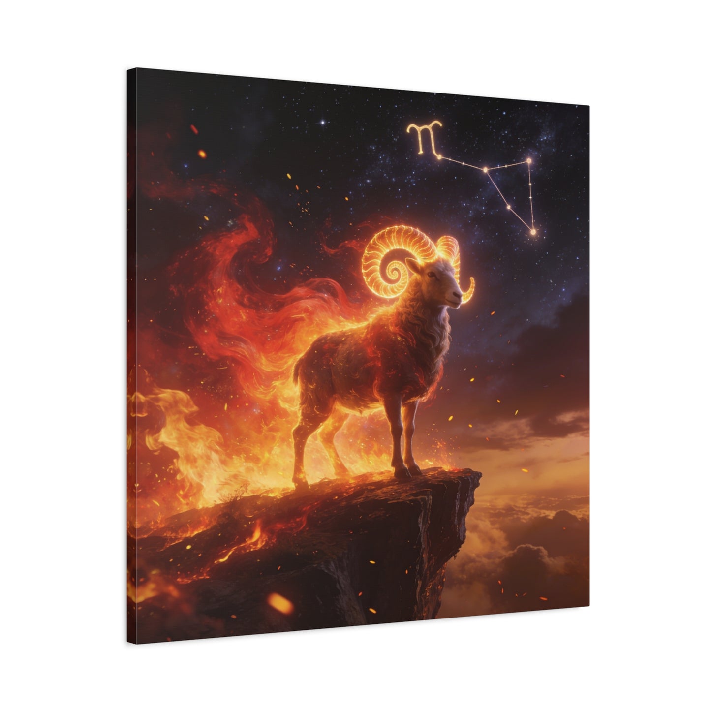 Aries Ram Canvas Wall Art - Fiery Zodiac Constellation Celestial Animal Print - Glowing Horns, Cosmic Night Sky - Contemporary Fantasy Style - Bedroom Home Decoration Office Wall Art - Ready to Hang