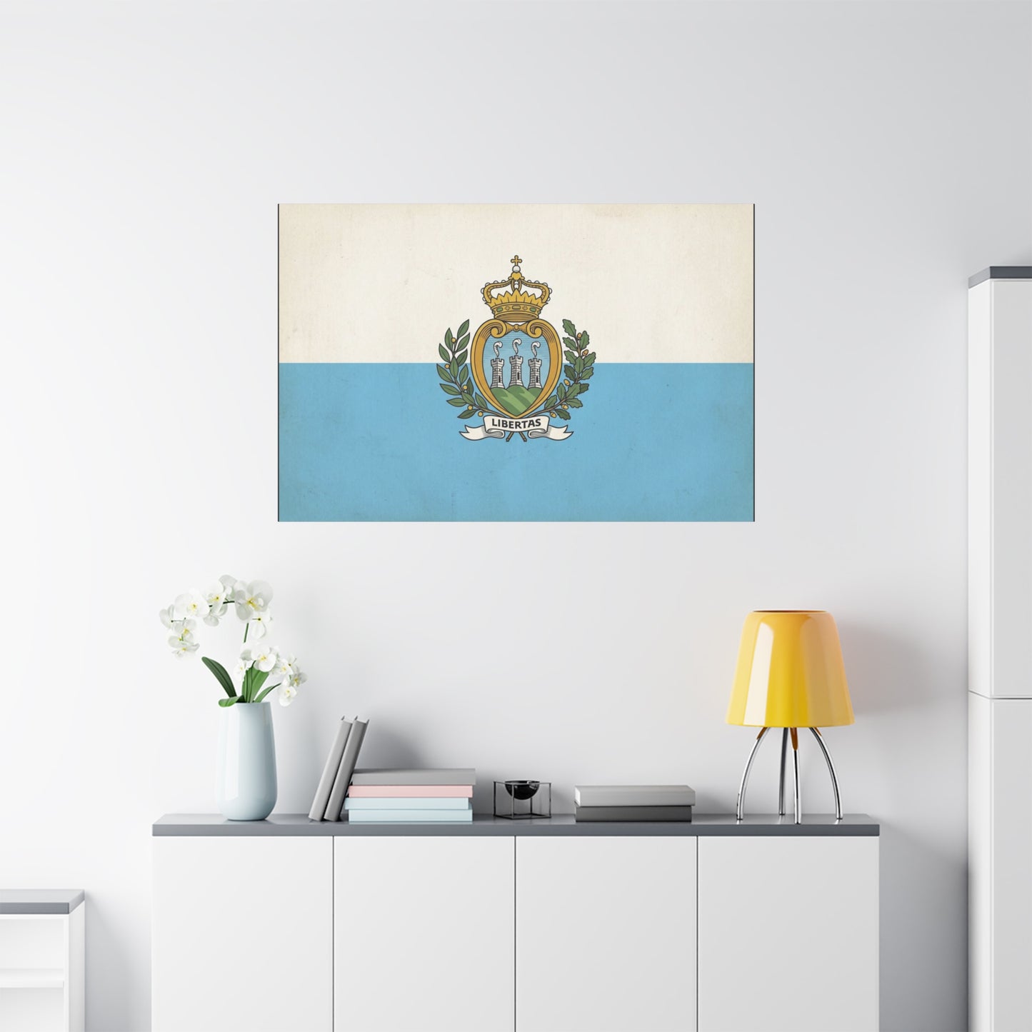 "Libertas" San Marino Flag Canvas Wall Art - Vintage Republic Crest Print, Blue White Heraldic Decor - Traditional Patriotic Style - Living Room Wall Decor - Bedroom Home Decoration - Ready to Hang