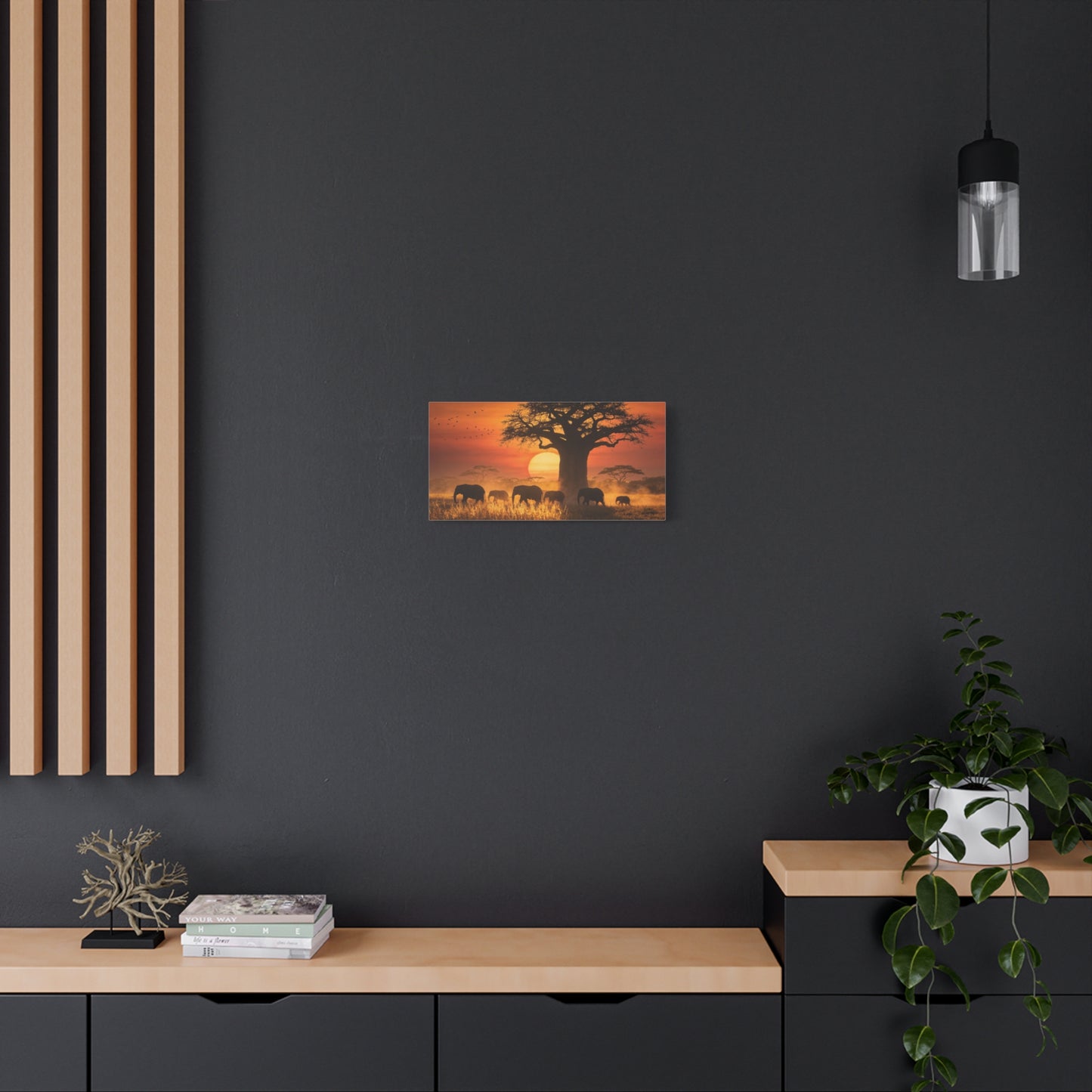 African Elephant Sunset Canvas Wall Art - Baobab Tree Safari Scene, Golden Savanna Wildlife Print - Matte Cotton Canvas, Rustic Contemporary Style - Living Room Wall Decor - Bedroom Home Decoration