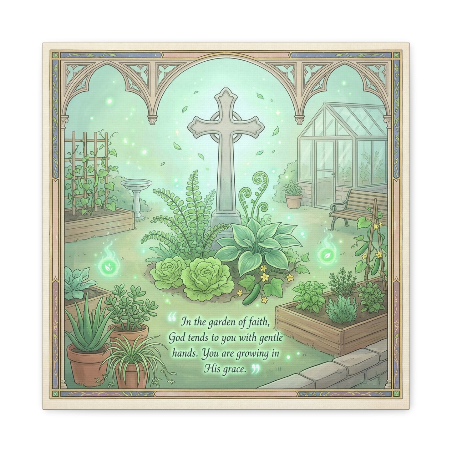 "In The Garden Of Faith" Christian Canvas Wall Art - Cross Garden Quote Print - Botanical Scripture Decor, Matte Cotton Canvas - Traditional Religious Wall Decor For Bedroom Office - Ready to Hang