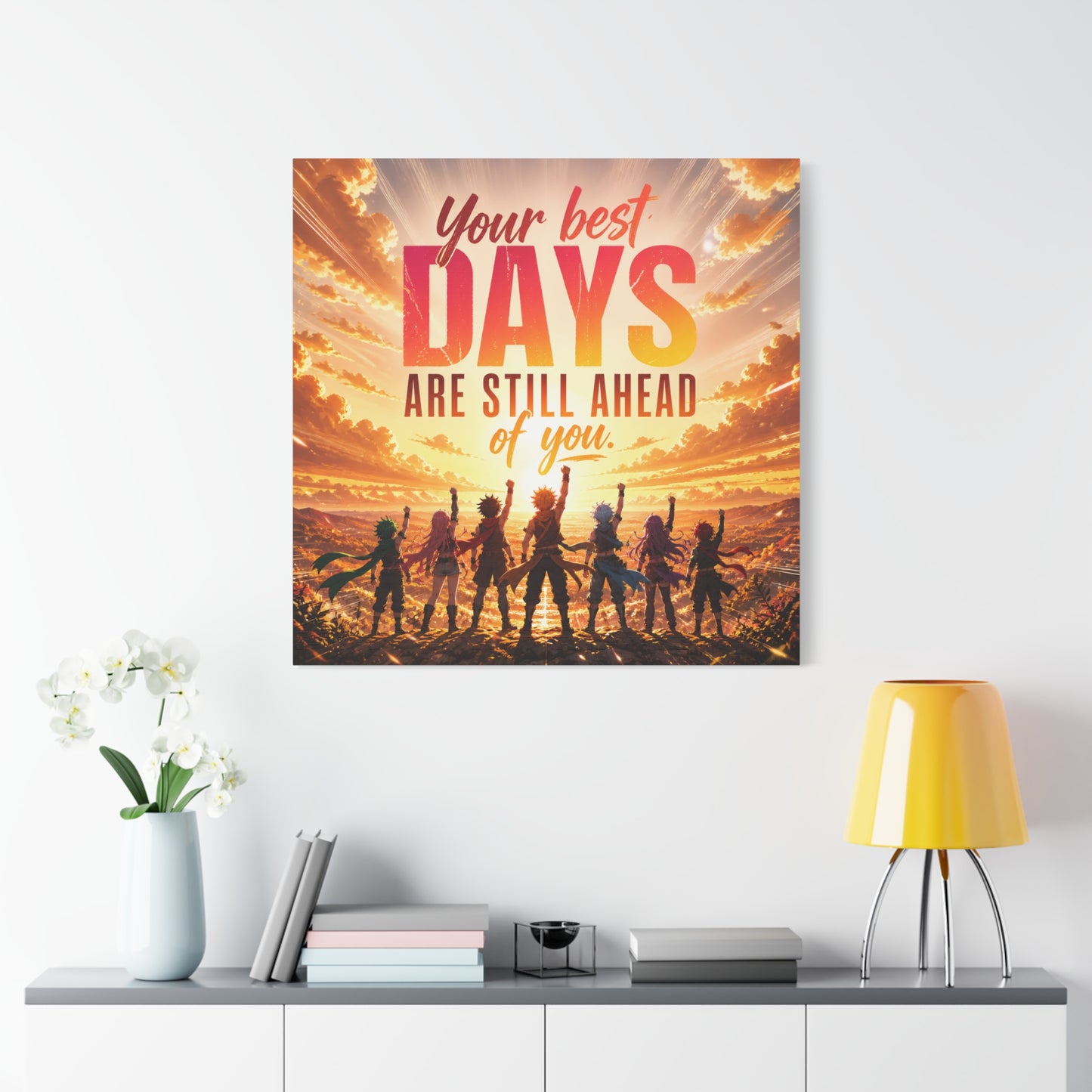 "Your DAYS Are Still Ahead Of You." Anime Quote Canvas Wall Art - Sunset Sky Motivational Poster Print - Contemporary Typography Decor - Bedroom Wall Accent - Ready to Hang - Bedroom Home Decoration
