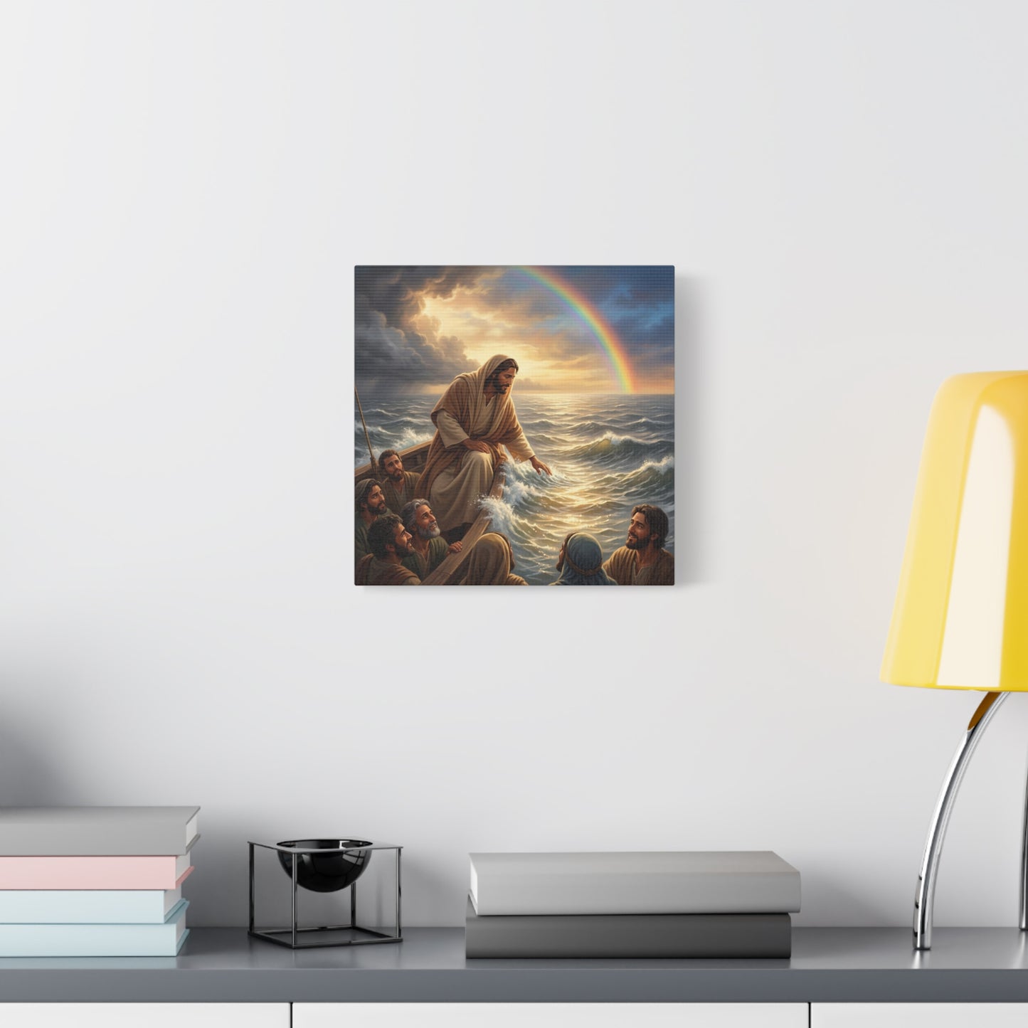 Jesus Christ Walking On Water Canvas Wall Art - Rainbow Over Stormy Sea, Disciples In Boat - Matte Cotton Print - Traditional Religious Style - Living Room Wall Decor - Bedroom Home Decoration