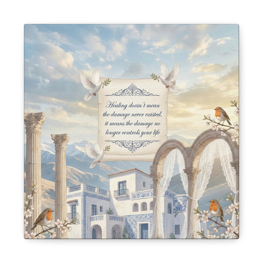"The Damage No Longer Controls Your Life" Inspirational Canvas Wall Art - Doves, Robins, Classical Arches, Mountain Villa Quote Print - Matte Finish Canvas - Bedroom Home Decoration, Meditation Space