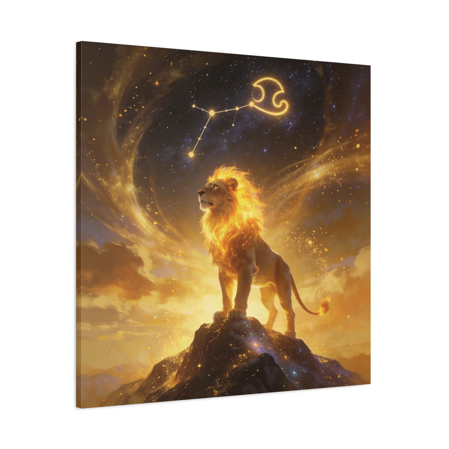 Leo Zodiac Lion Canvas Wall Art - Celestial Astrology Constellation Print, Glowing Gold Cosmic Sky - Fantasy Style, Living Room Wall Decor Bedroom Home Decoration Office Art - Bedroom Home Decoration
