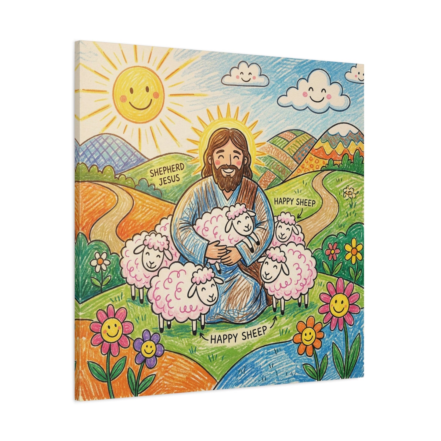 "Shepherd Jesus" "Happy Sheep" Jesus Canvas Wall Art - Christian Kids Nursery Decor, Colorful Religious Print - Matte Cotton Canvas - Playroom Bedroom Classroom Decoration - Living Room Wall Decor