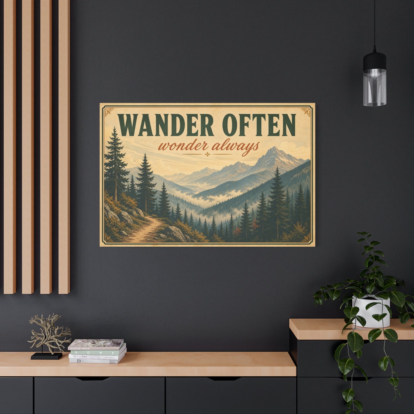 "Wander Often Wonder Always" Mountain Canvas Wall Art - Vintage Forest Landscape Quote Decor, Rustic Matte Print, Cabin Style Living Room Wall Decor, Bedroom Home Decoration - Bedroom Home Decoration