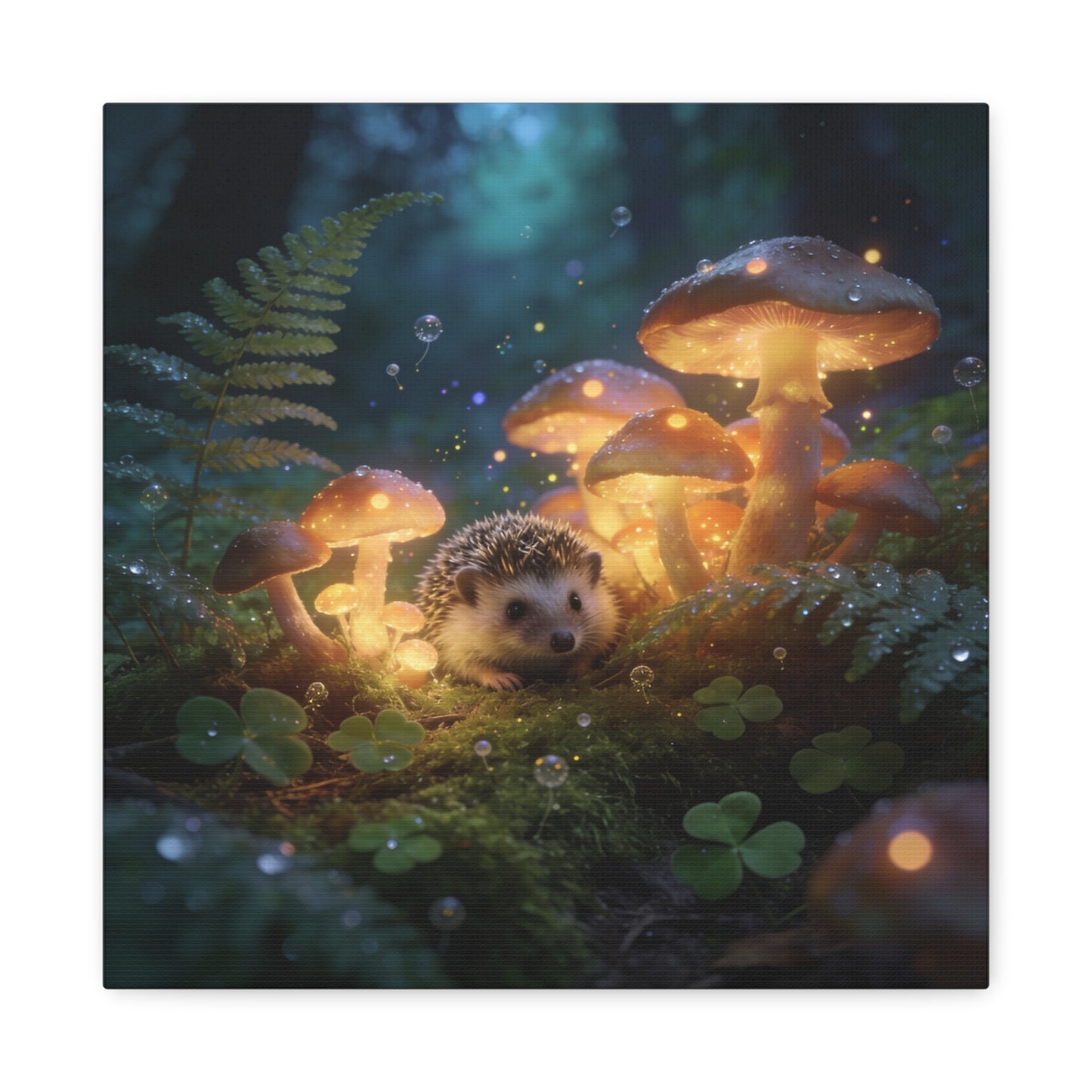 Hedgehog Mushroom Canvas Wall Art - Glowing Forest Fantasy Animal Print - Matte Cotton Art Print, Whimsical Woodland Style - Bedroom Wall Decor, Nursery Home Decoration Accent - Modern Farmhouse Style