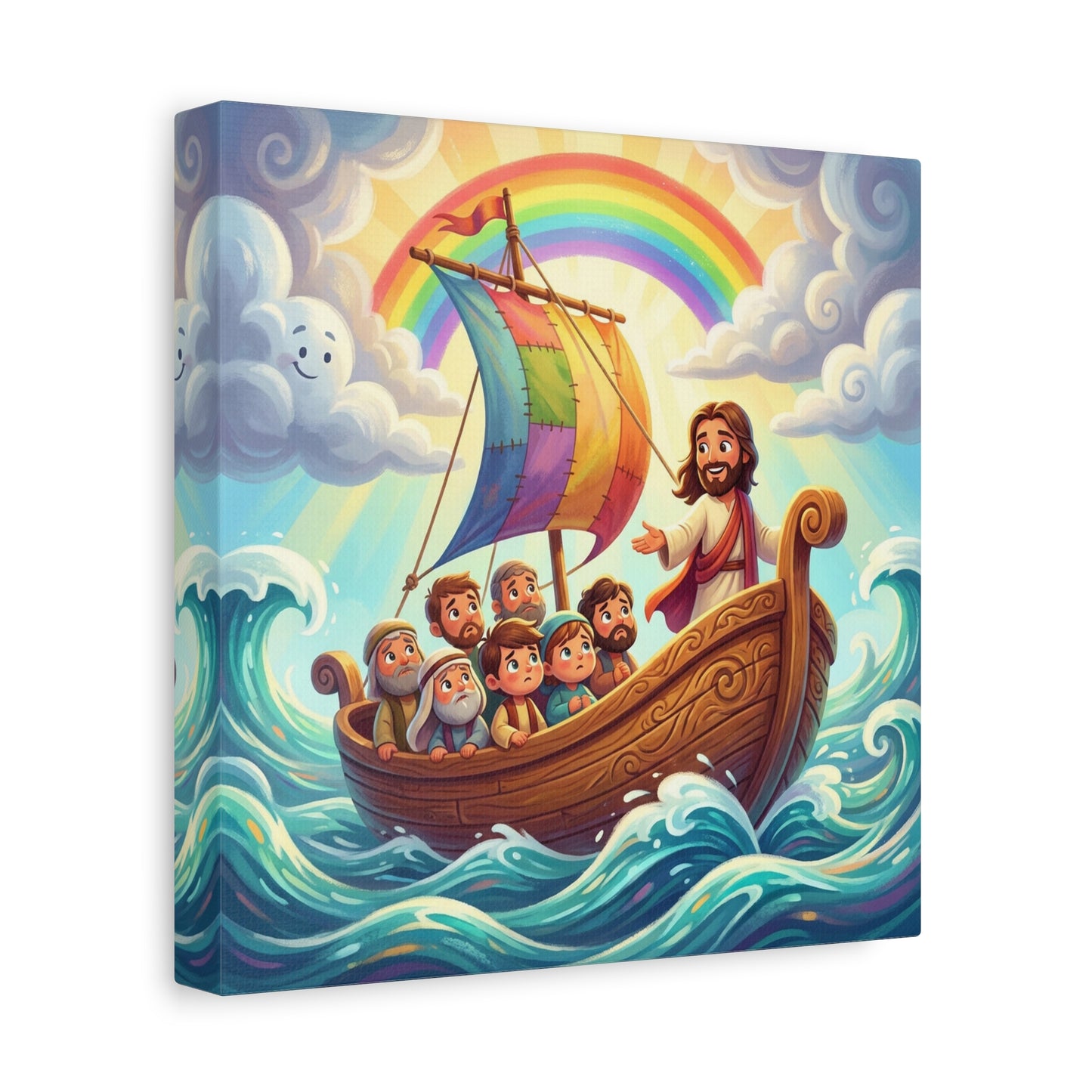 Jesus Boat Canvas Wall Art - Rainbow Sail, Disciples At Sea, Christian Nursery Decor - Matte Cotton Print - Whimsical Religious Style For Kids Bedroom Playroom Home Decoration - Living Room Wall Decor