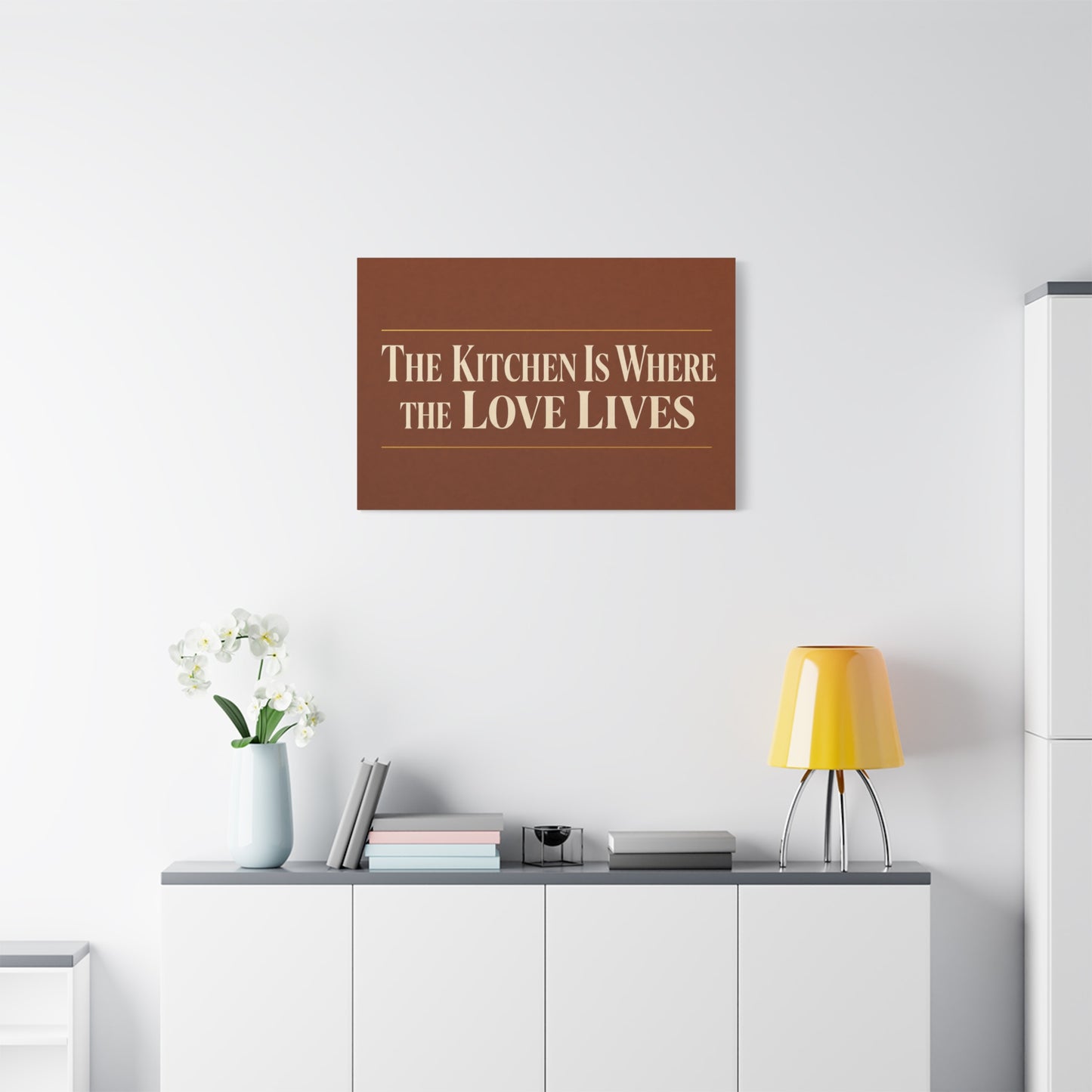 "The Kitchen Is Where The Love Lives" Canvas Wall Art - Typography Kitchen Decor, Brown Minimalist Quote Print, Farmhouse Dining Room Decoration - Living Room Wall Decor - Bedroom Home Decoration