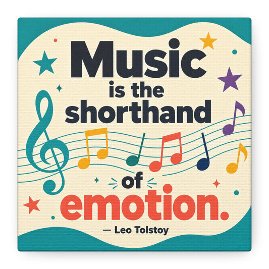 "Music Is The Shorthand Of Emotion." Leo Tolstoy Canvas Wall Art - Colorful Typography Quote Print, Music Teacher Classroom Decor, Kids Room Home Decoration, Modern Wall Hanging - Ready to Hang