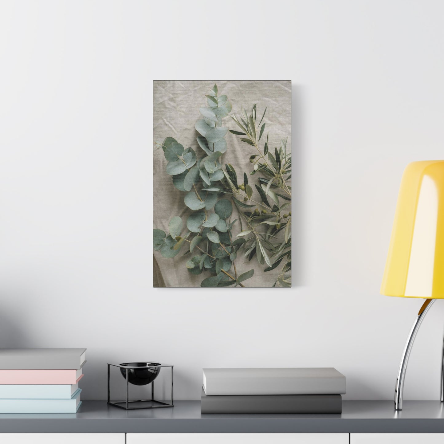 Eucalyptus And Olive Branch Canvas Wall Art - Botanical Still Life, Soft Sage Beige Tones - Matte Cotton Print, Minimalist Traditional Style - Bedroom Decoration, Spa Accent - Living Room Wall Decor